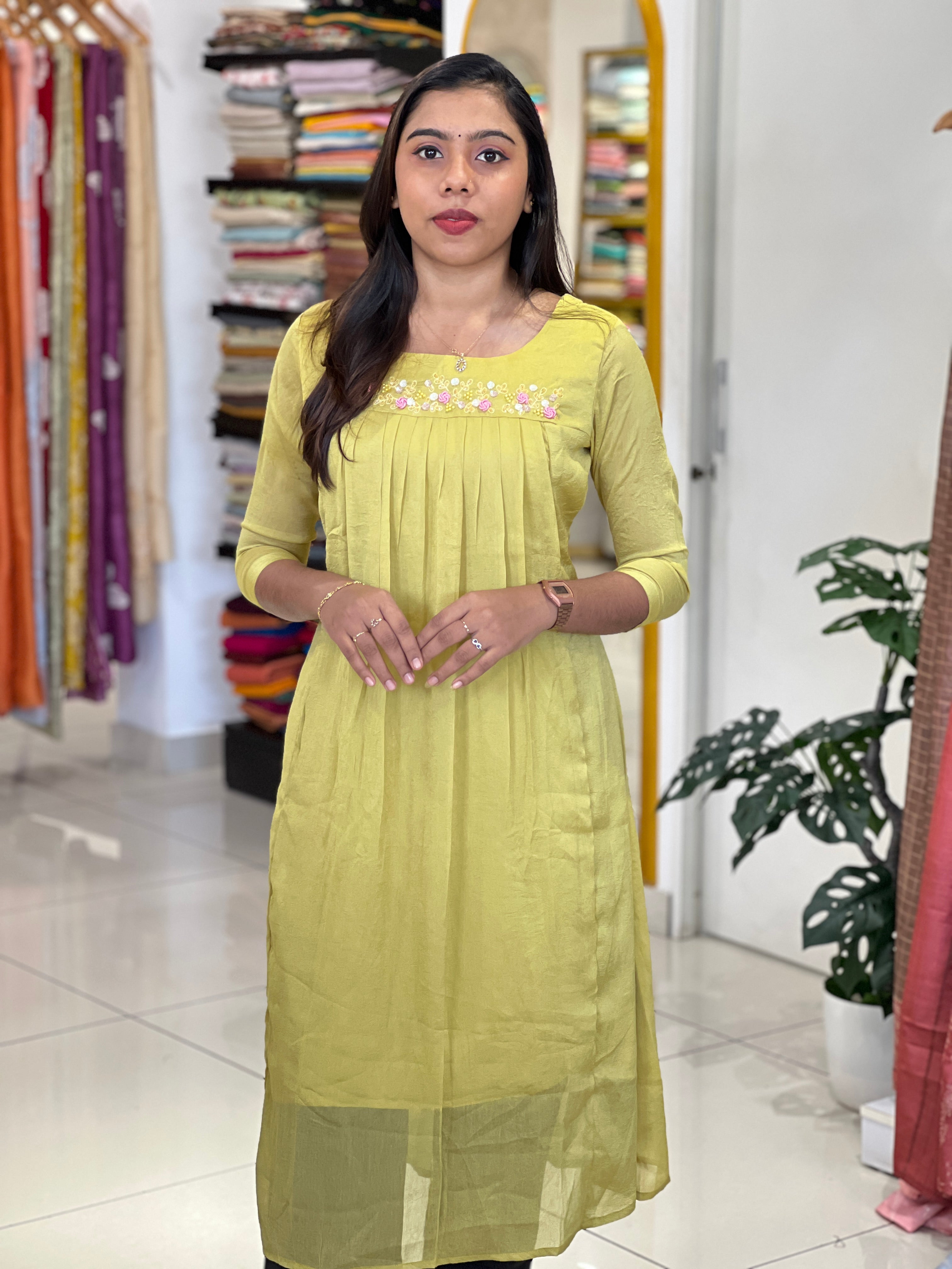 Machine Embroidery Detailed Crushed Silk Kurta | SRF176