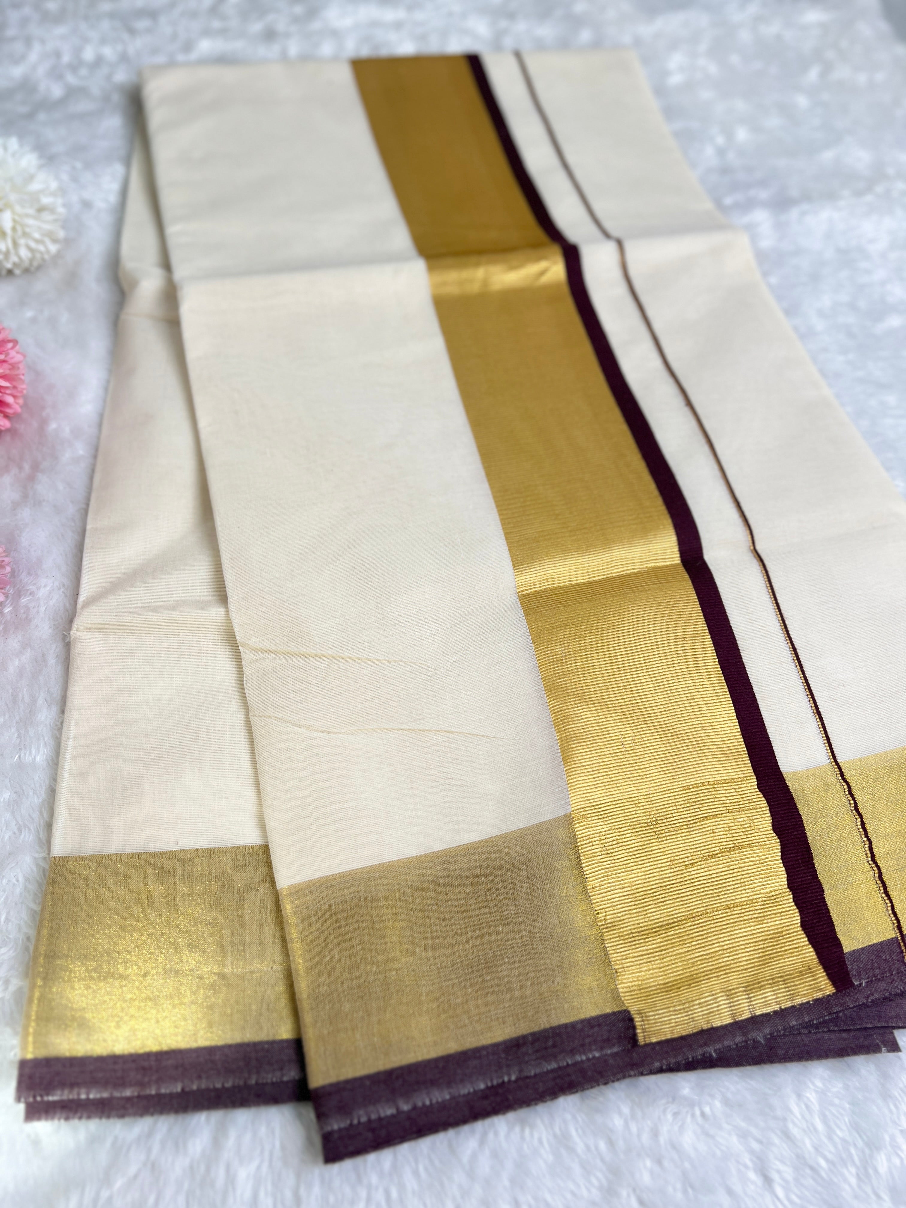 Golden Kasavu Pattern Border Kerala Cotton Saree | GAT490