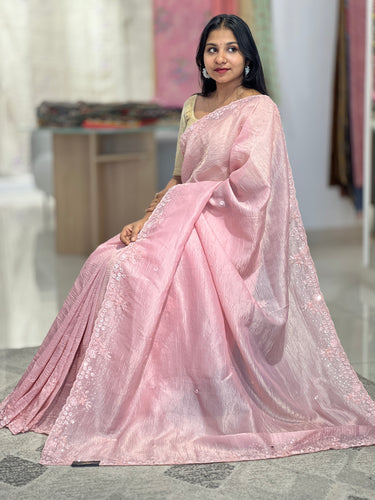 Cut Beads & Sequence Detailed Crushed Organza Saree | SBP799