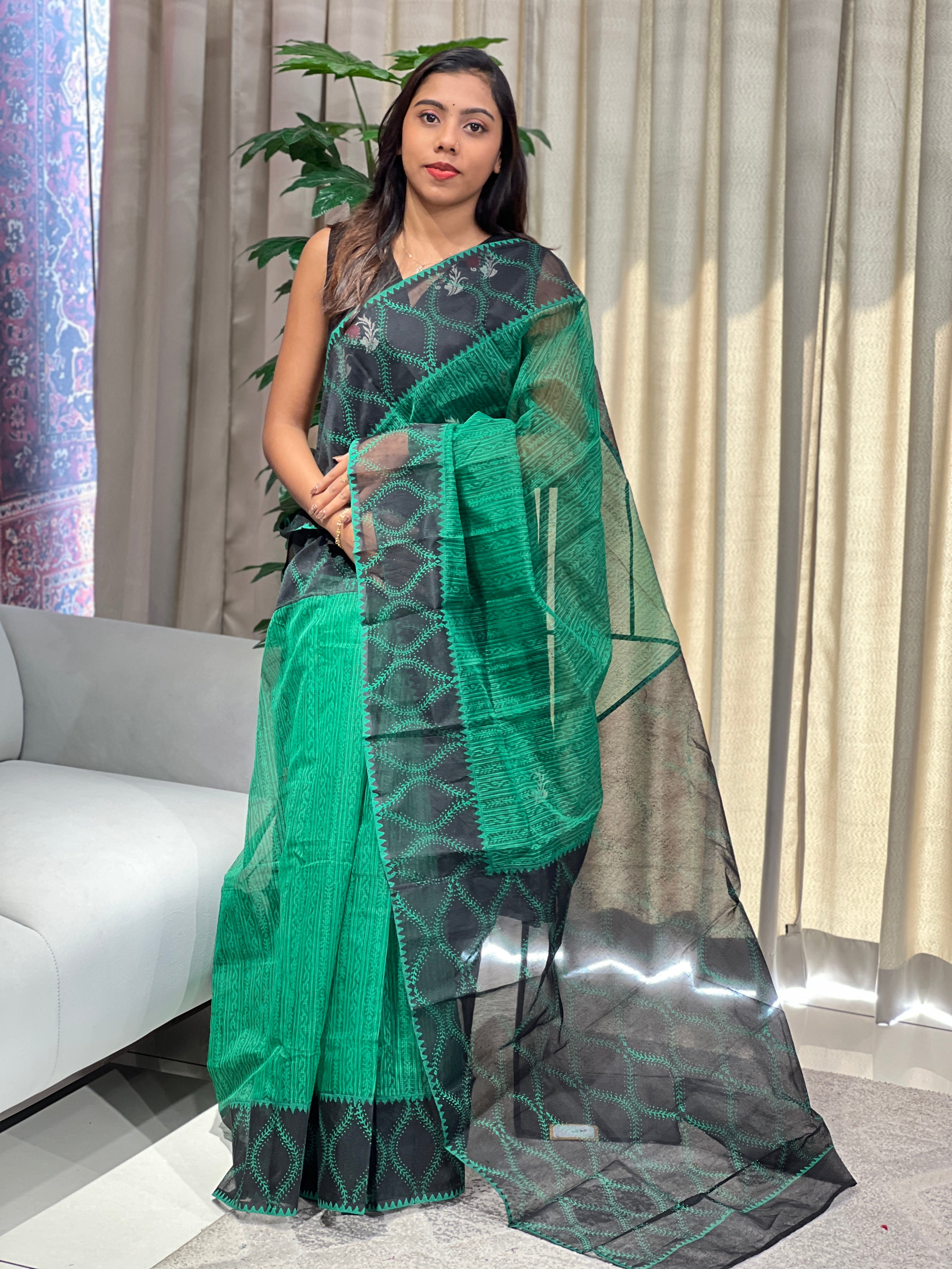 Hand Block Printed Muga Check Organza Saree | JSC437