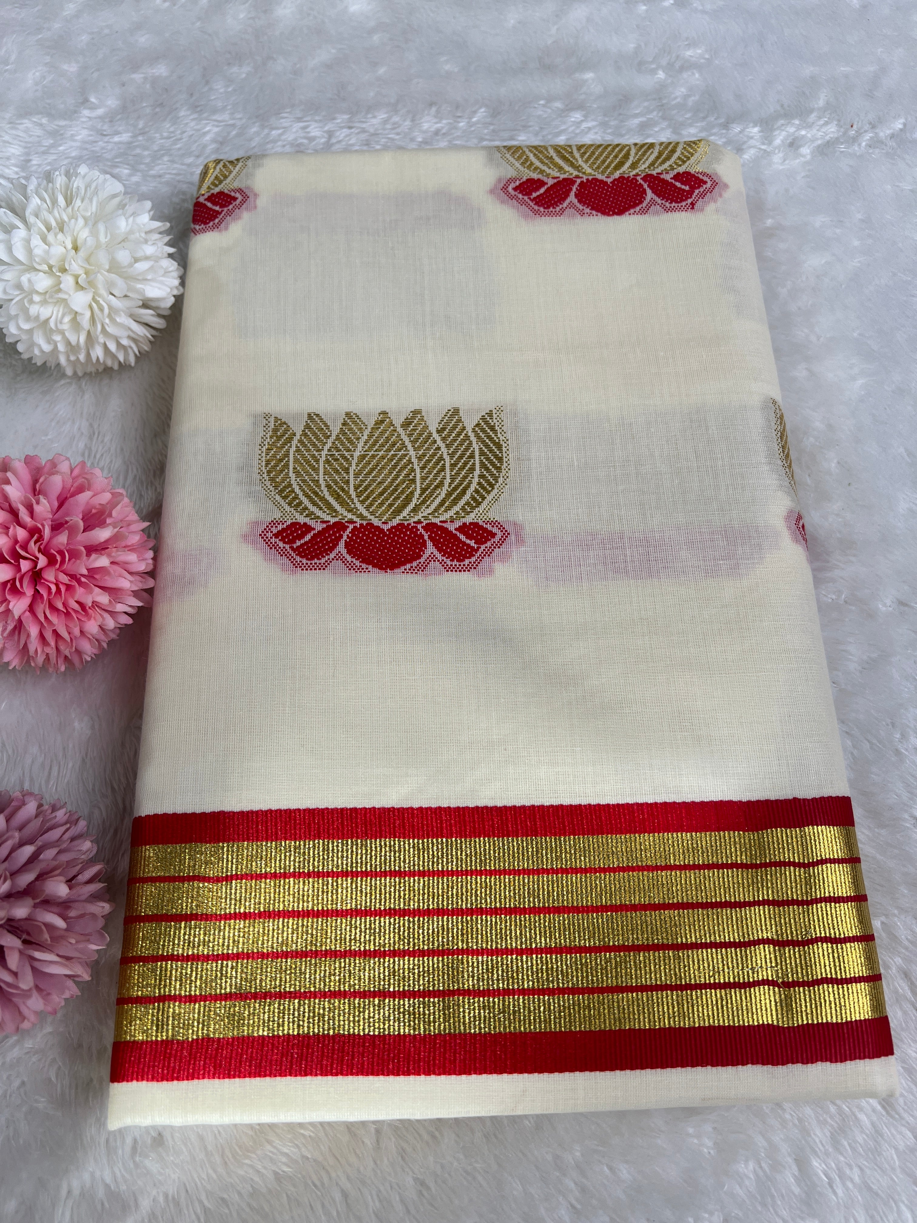 Lotus Pattern Kerala Cotton Saree | GAT423