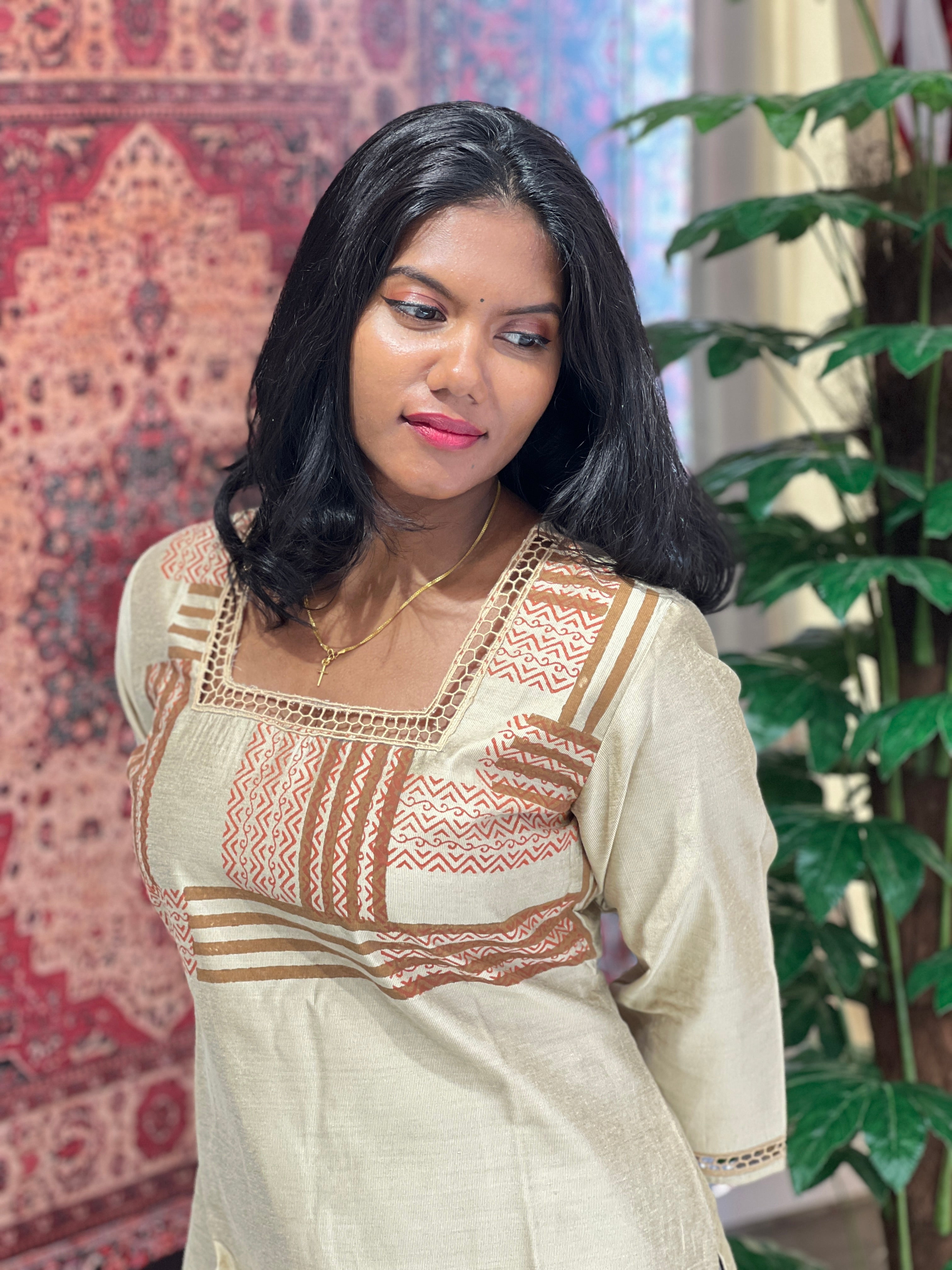 Print With Twine Cut Work Detailed Cotton Kurta | DNT776
