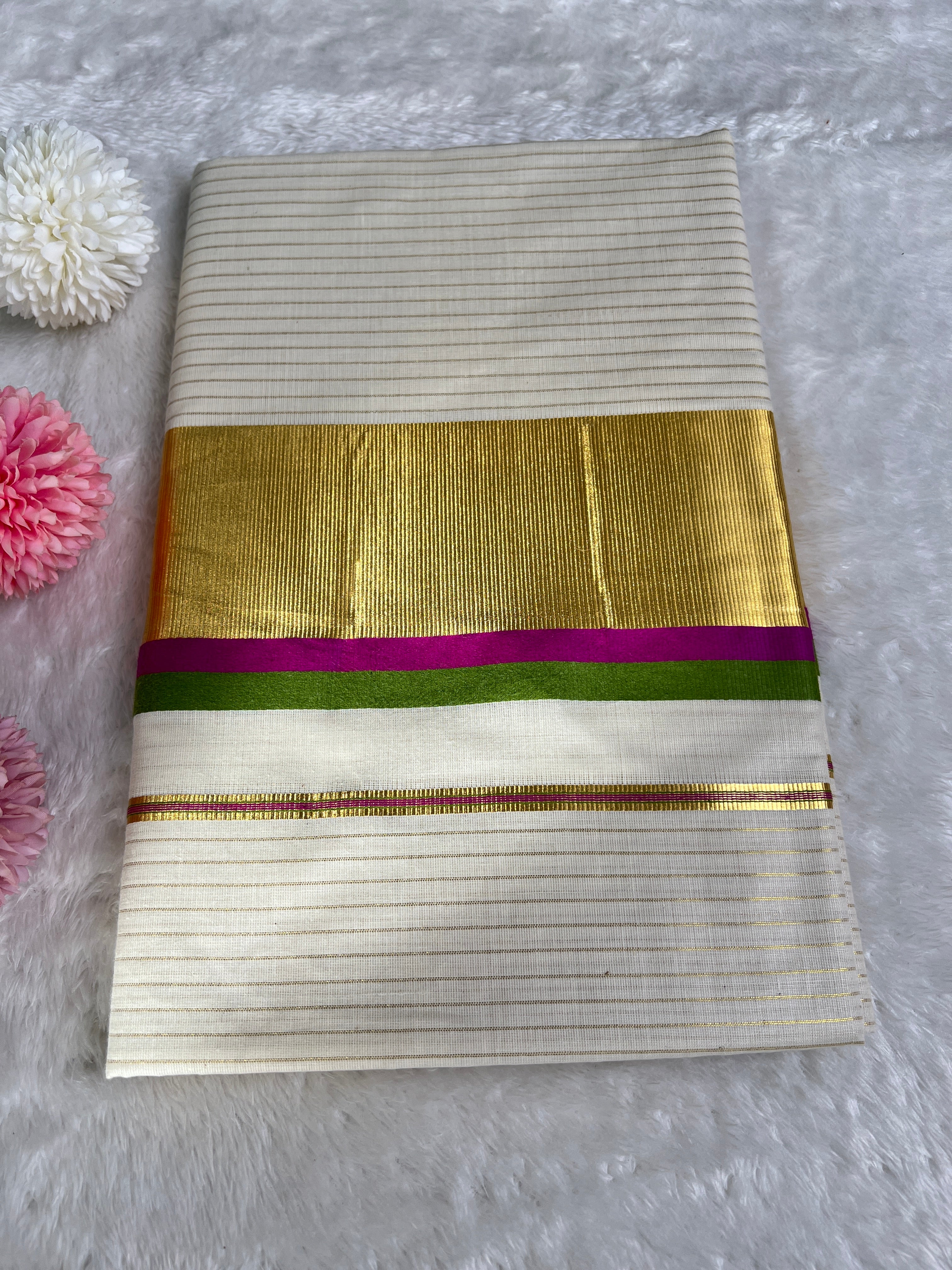 Line Weaving Pattern Kerala Cotton Saree | GAT483