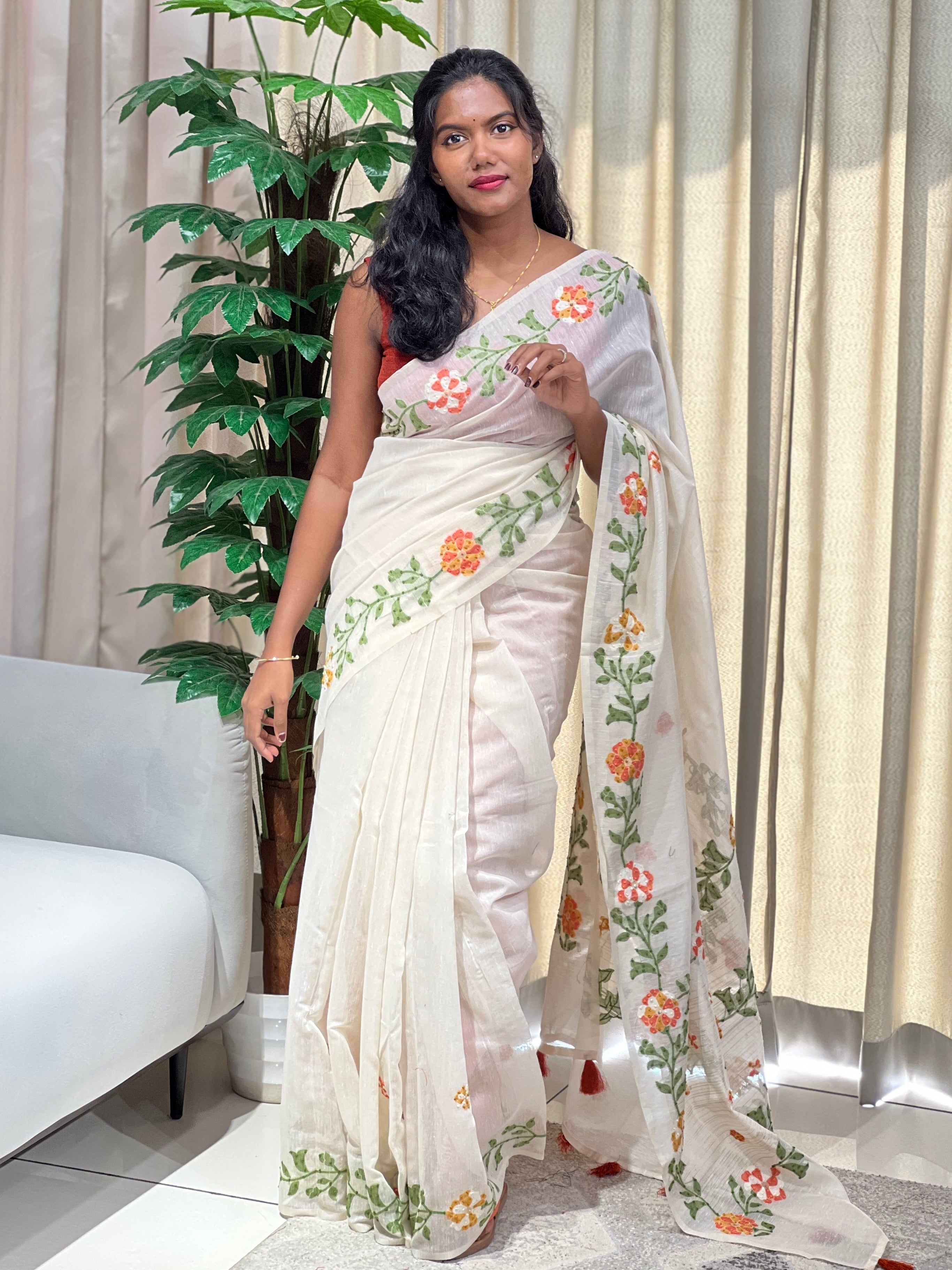 Jamdani With Hand Embroidery Detailed Chanderi Silk Saree | BLD1987