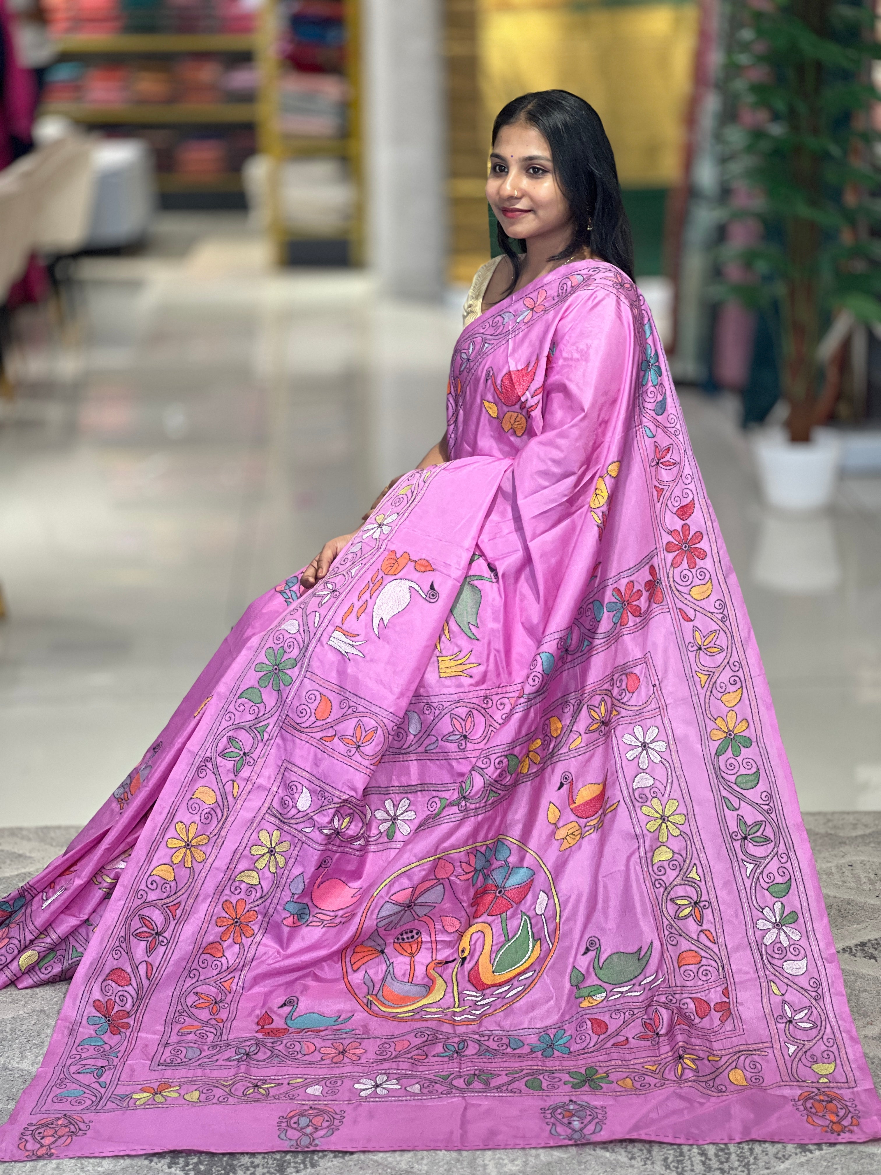 Hand Kantha Embroidered Silk Blend Saree | AYD118