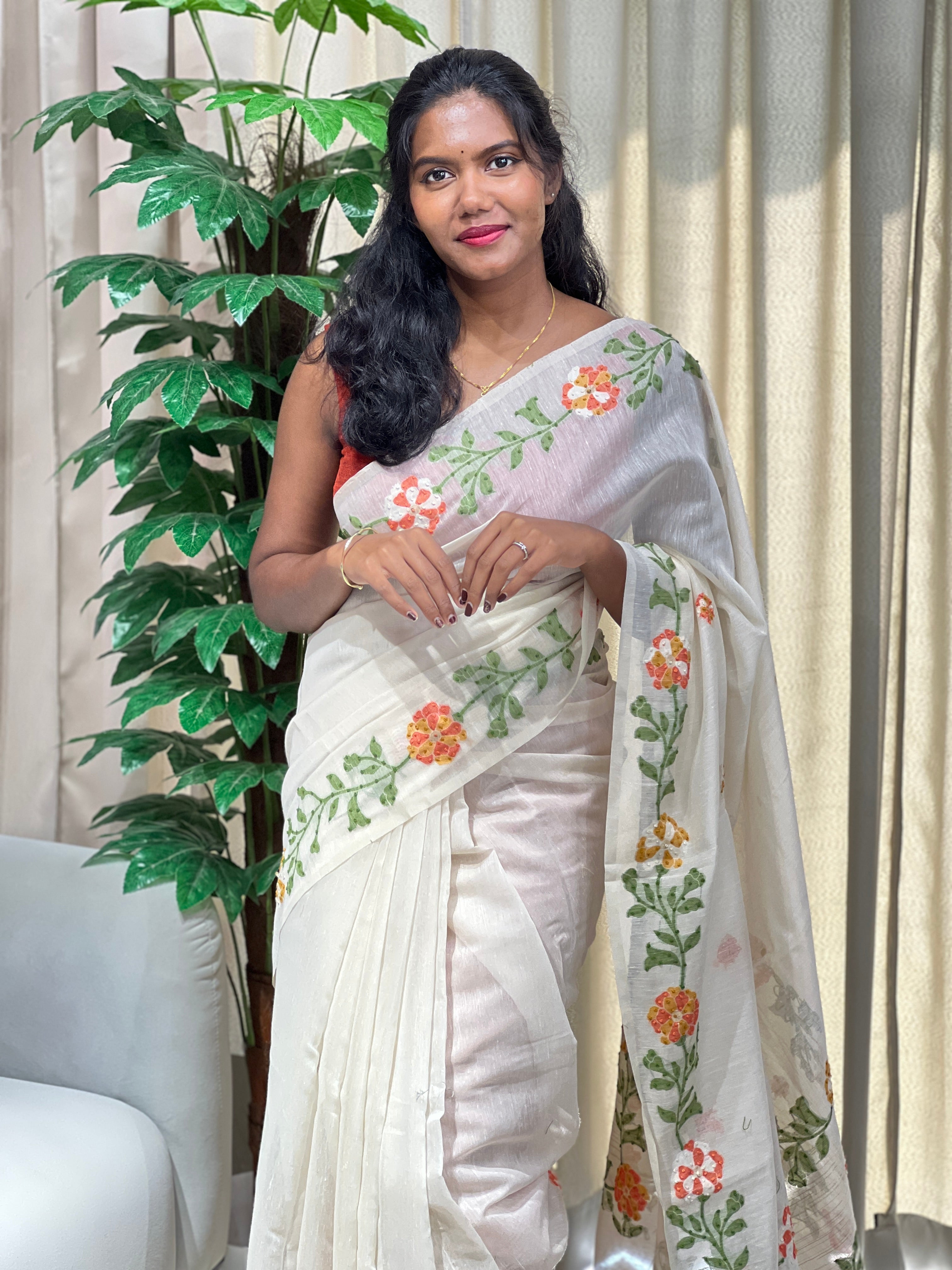 Jamdani With Hand Embroidery Detailed Chanderi Silk Saree | BLD1987