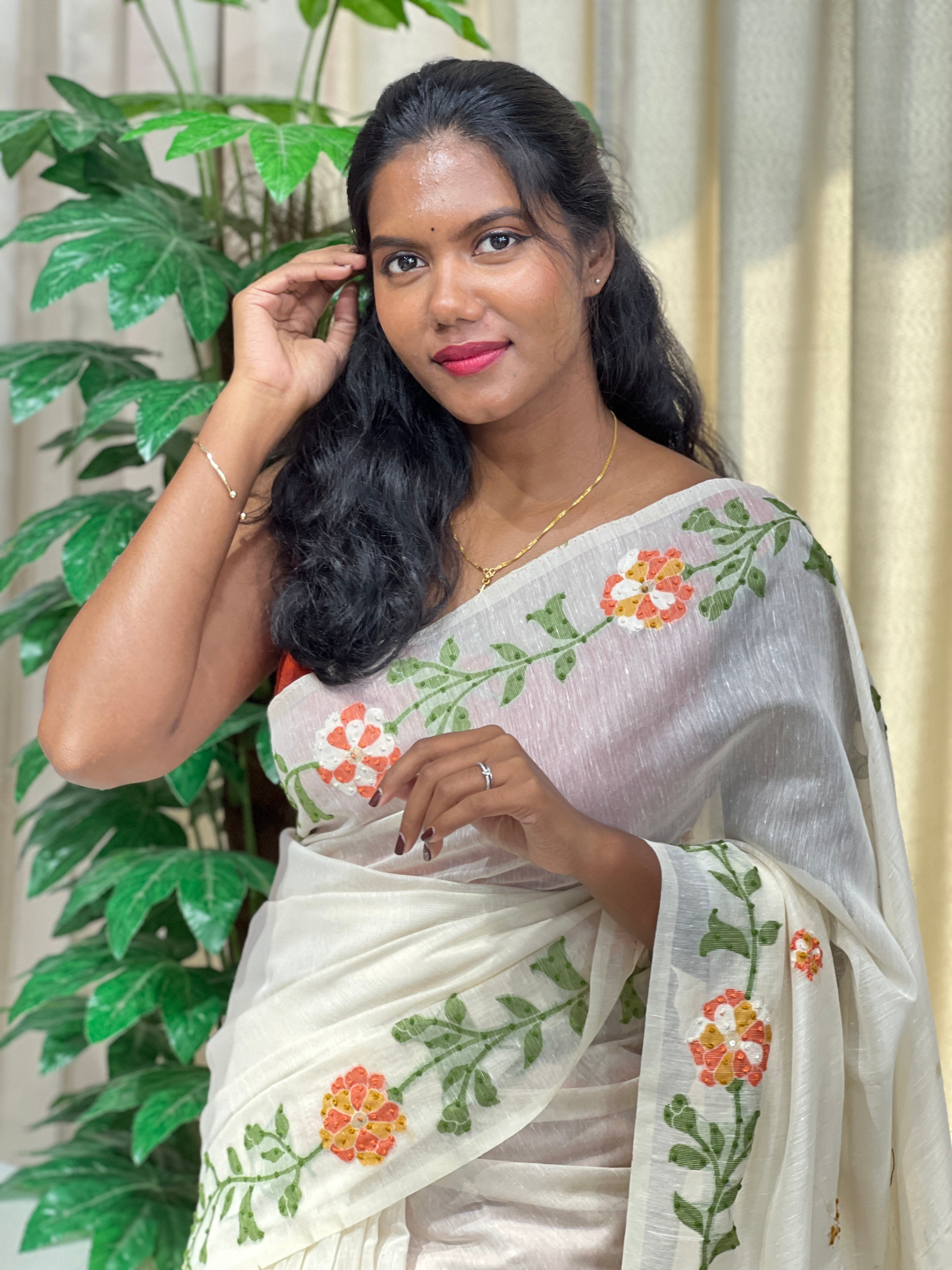 Jamdani With Hand Embroidery Detailed Chanderi Silk Saree | BLD1987