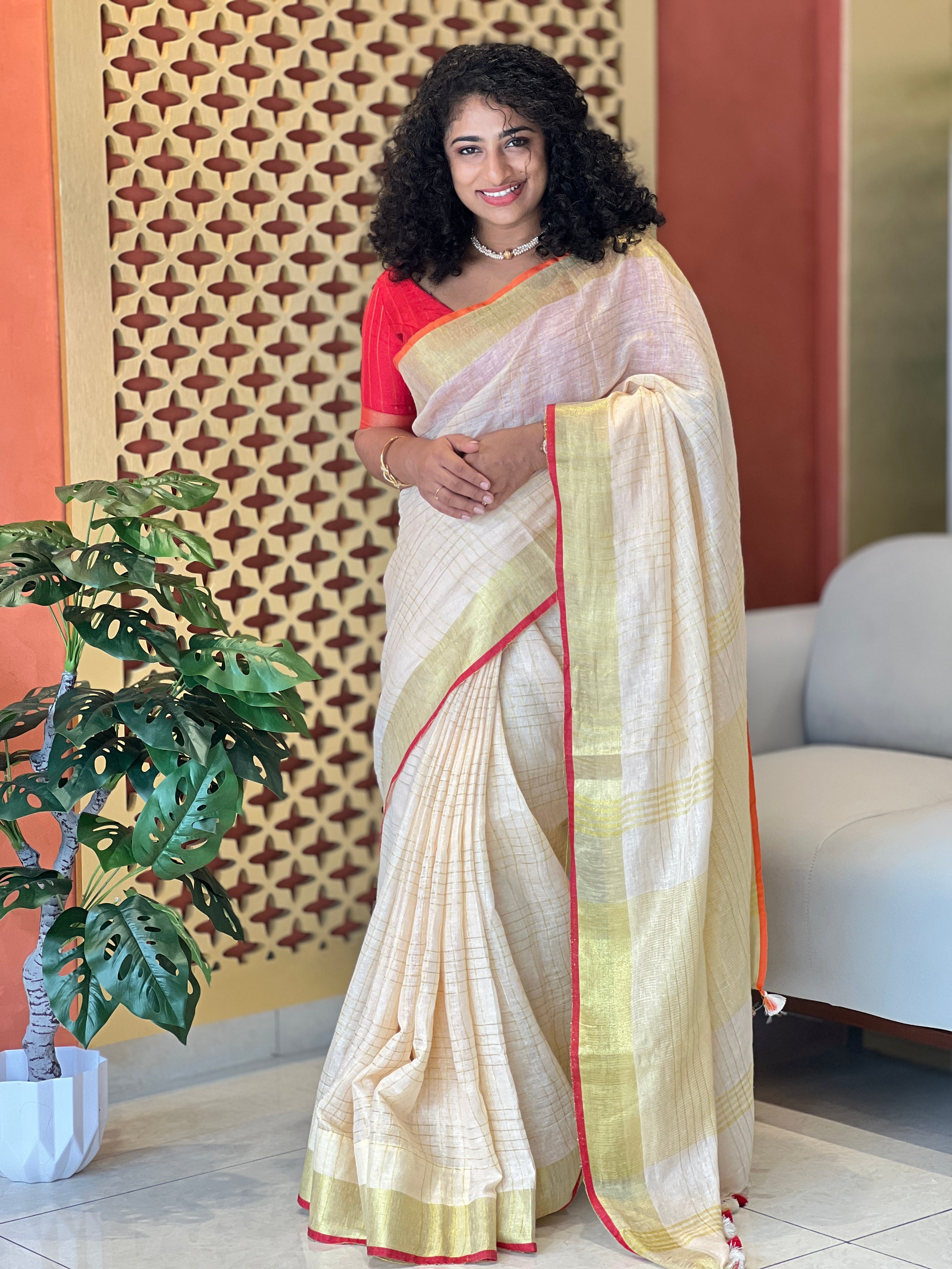 Zari Check Weaving Linen Saree | SK332