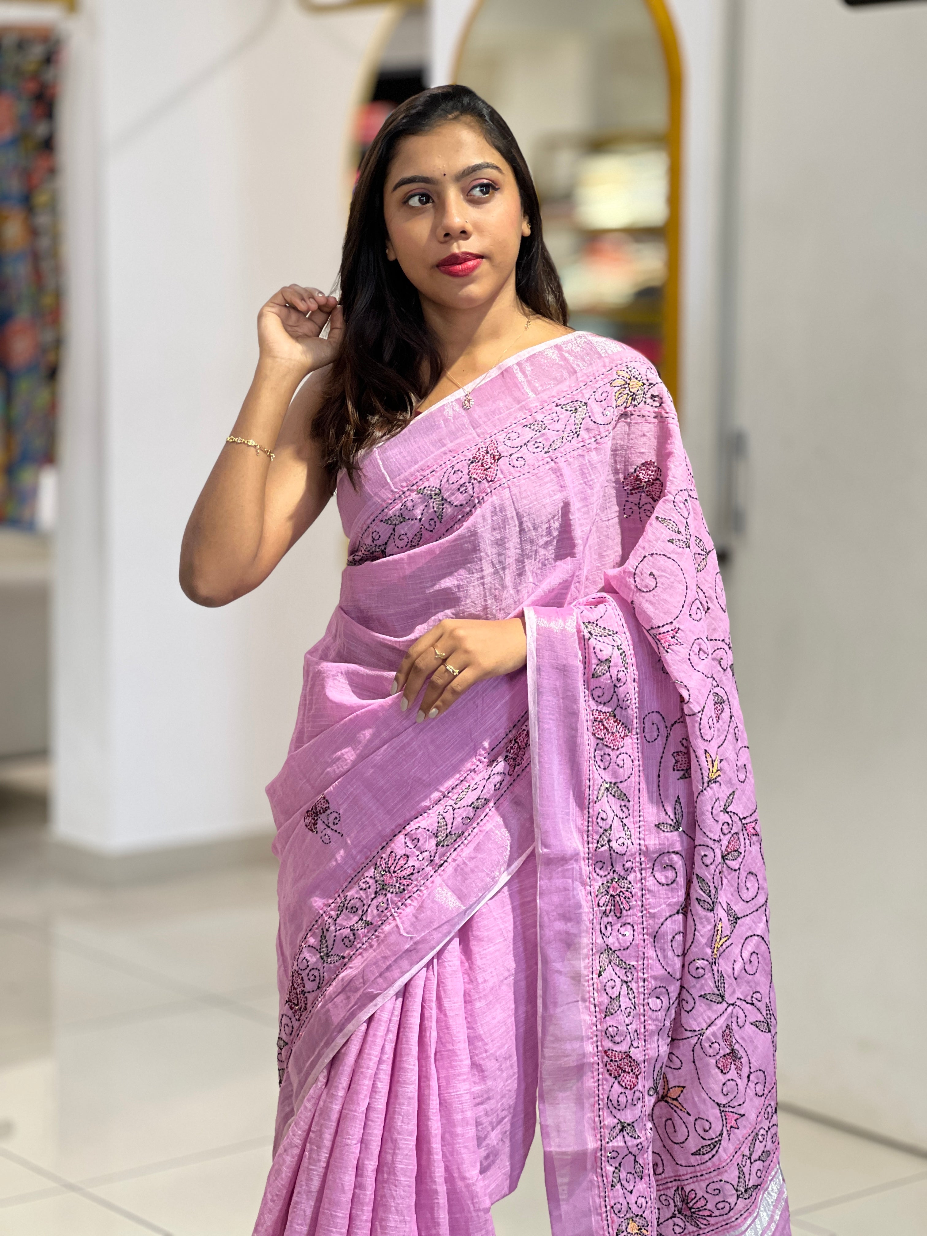 Hand Kantha Detailed Linen Saree | RP752