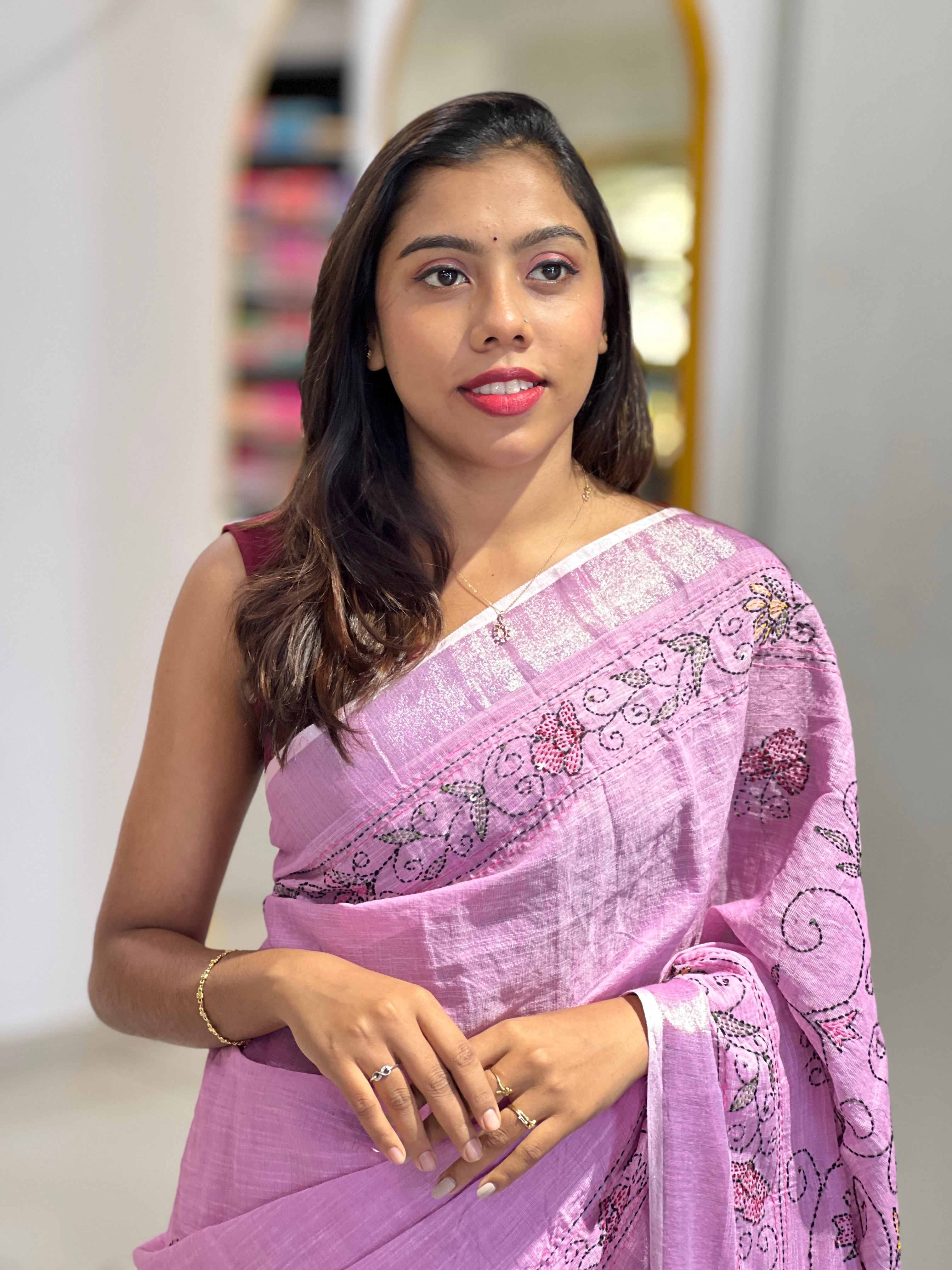 Hand Kantha Detailed Linen Saree | RP752