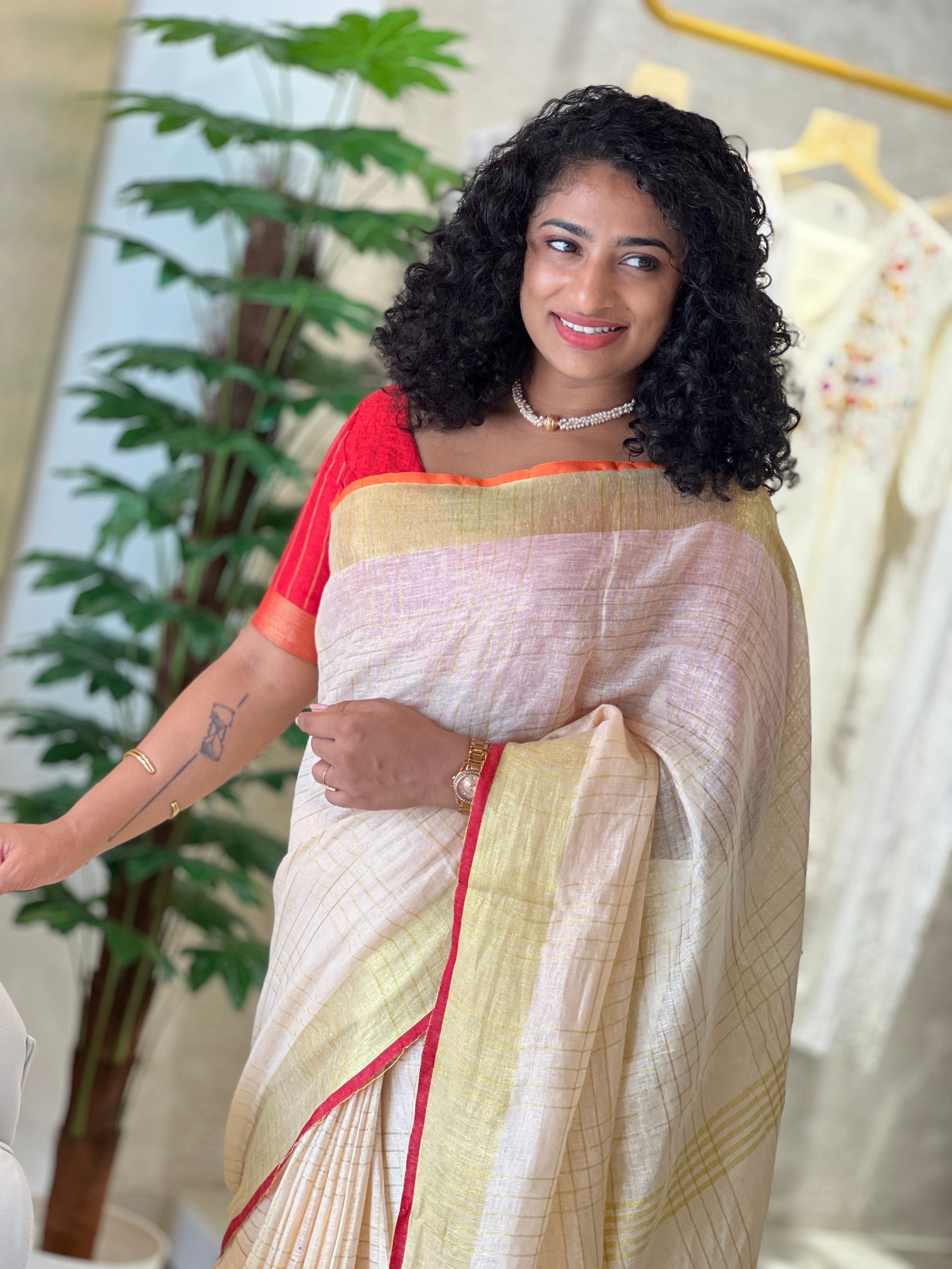 Zari Check Weaving Linen Saree | SK332