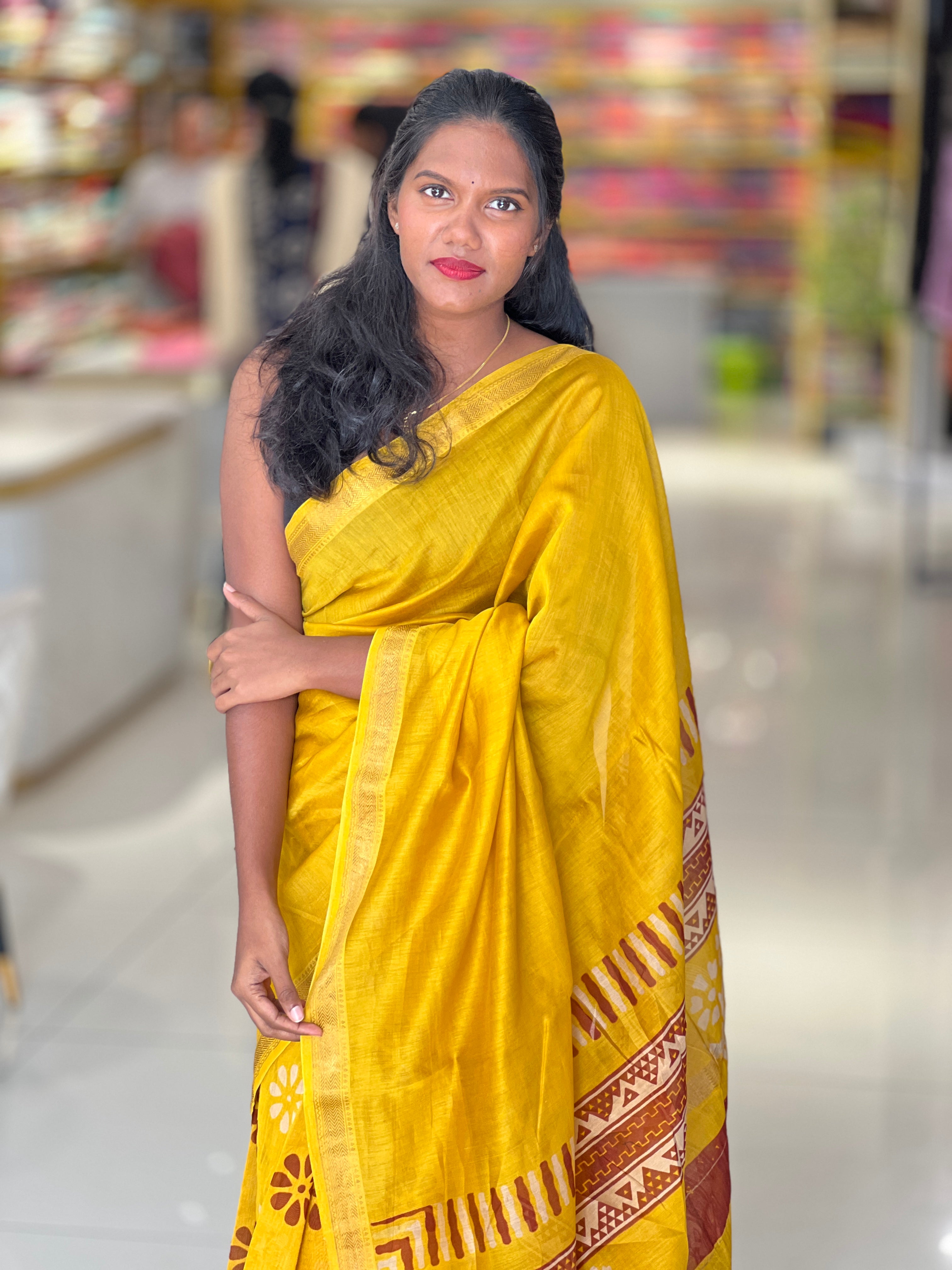 Block And Negative Printed Tussar Finish Saree | VFC582