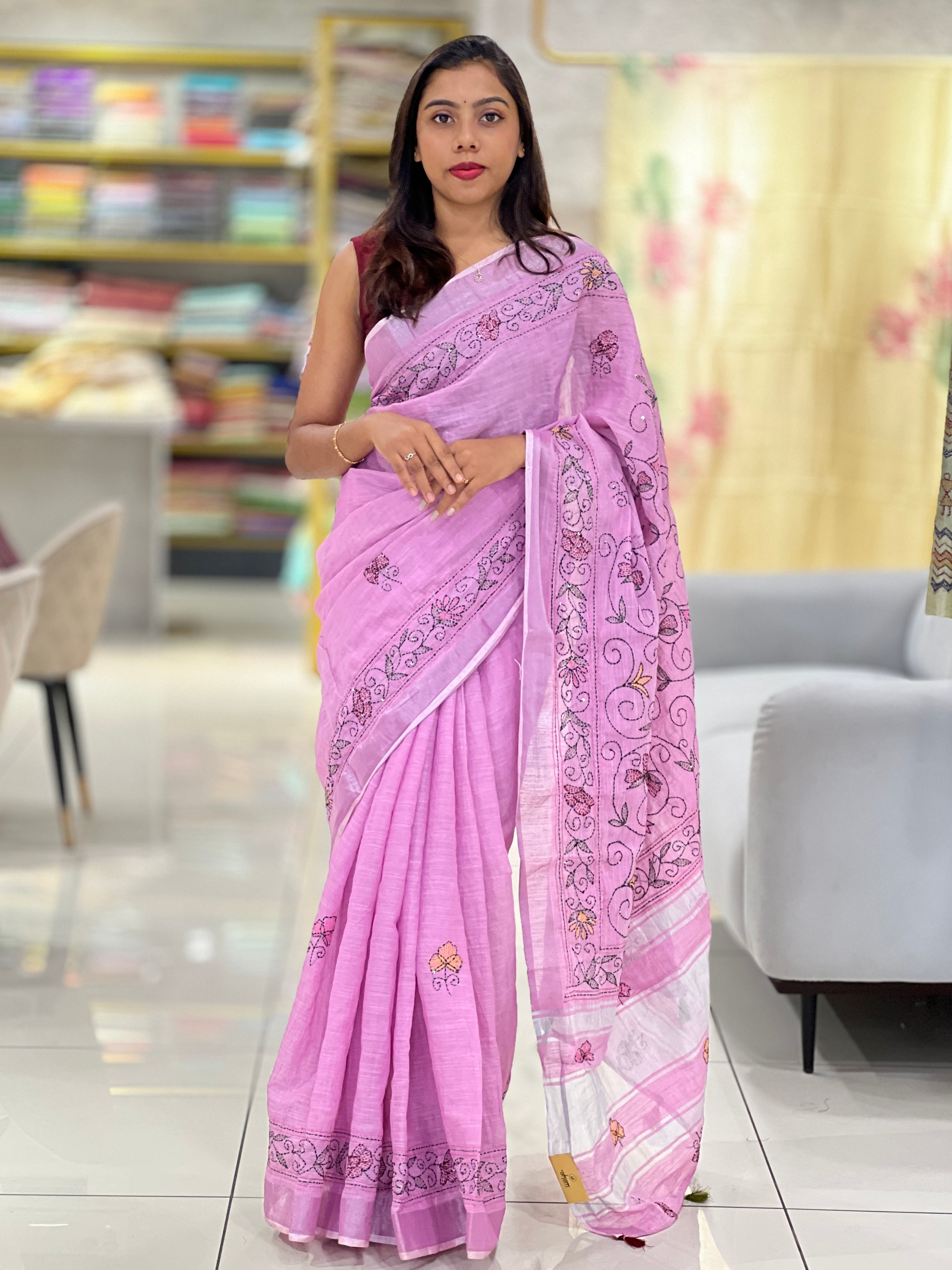 Hand Kantha Detailed Linen Saree | RP752