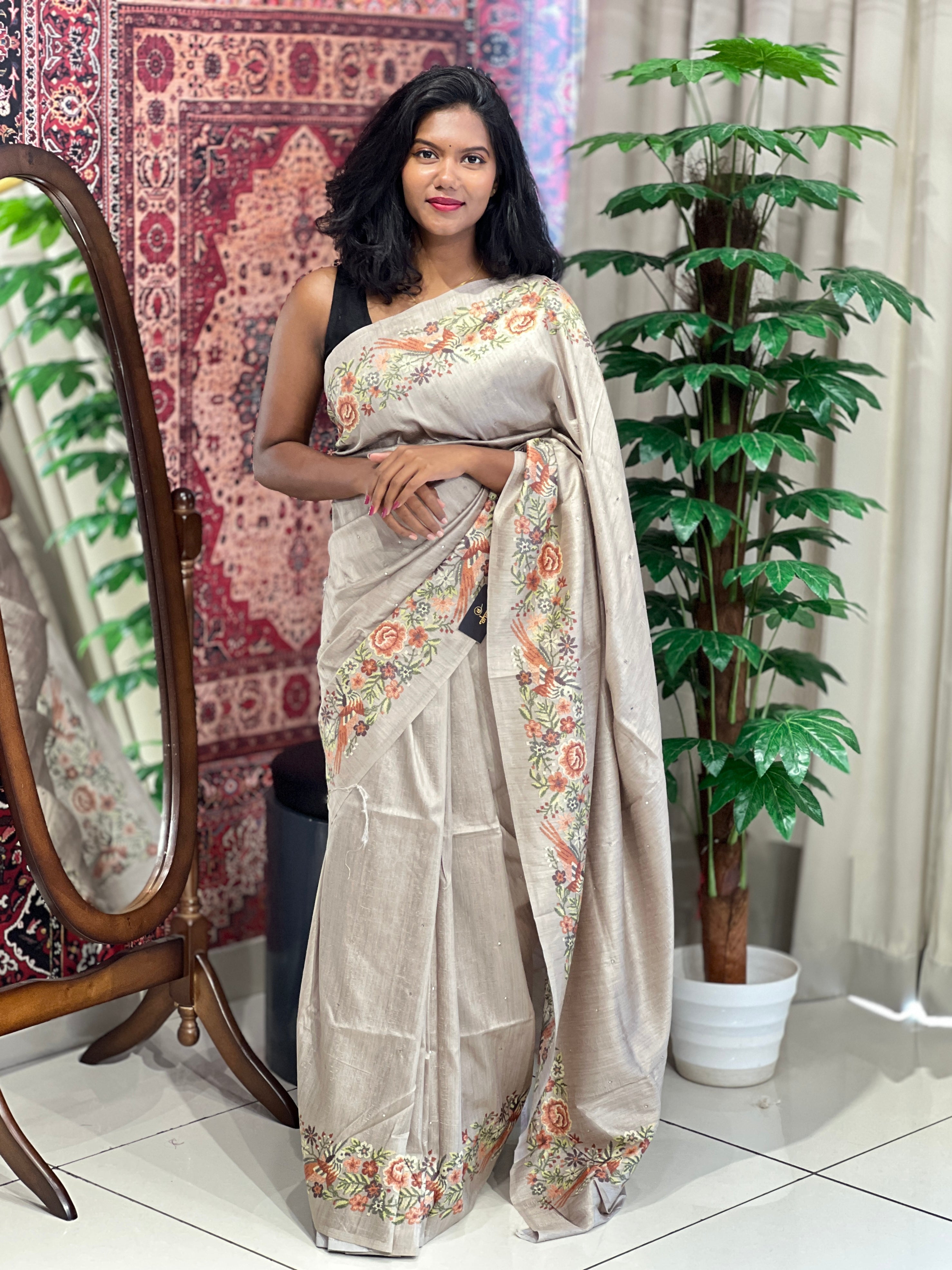 Mirror & Digital Print Detailed Semi Tussar Saree | SSN380