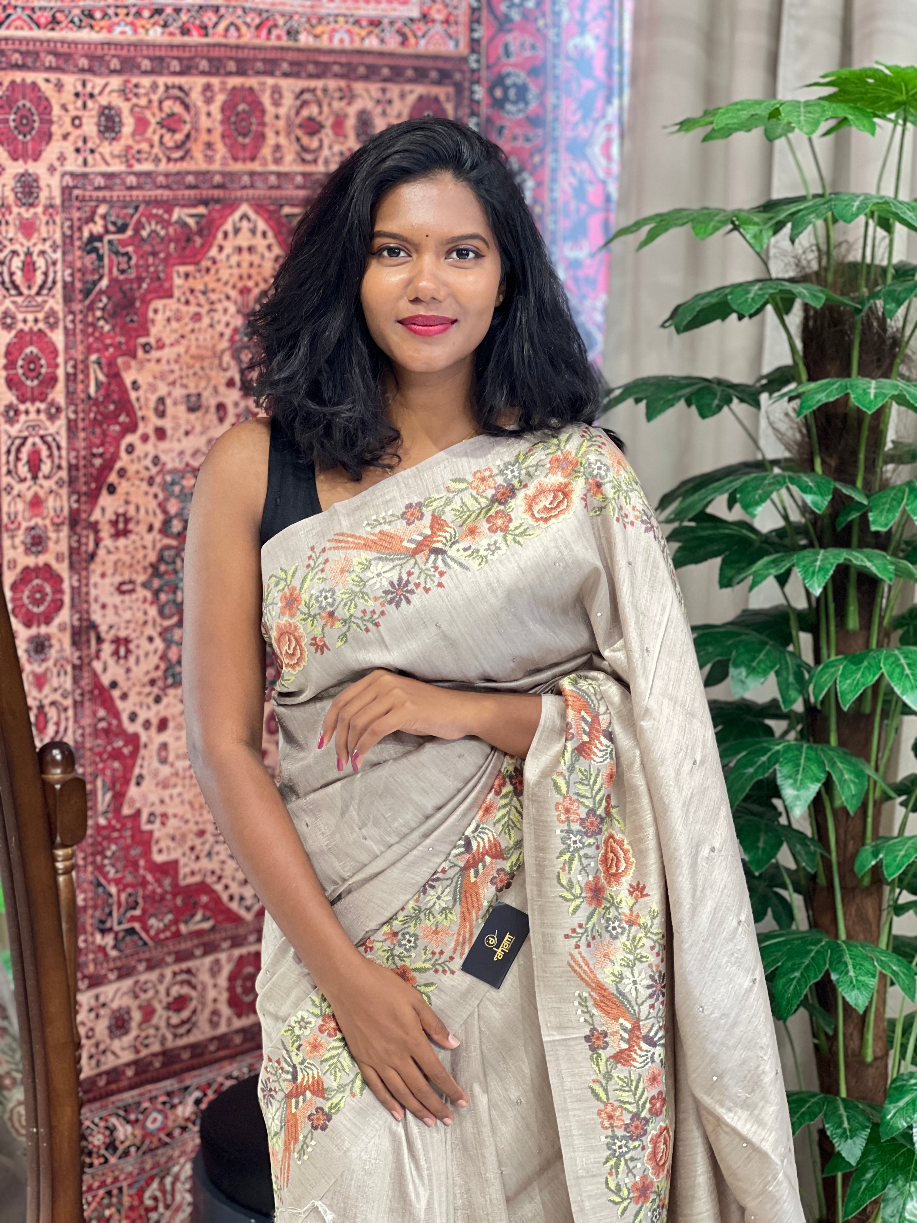 Mirror & Digital Print Detailed Semi Tussar Saree | SSN380