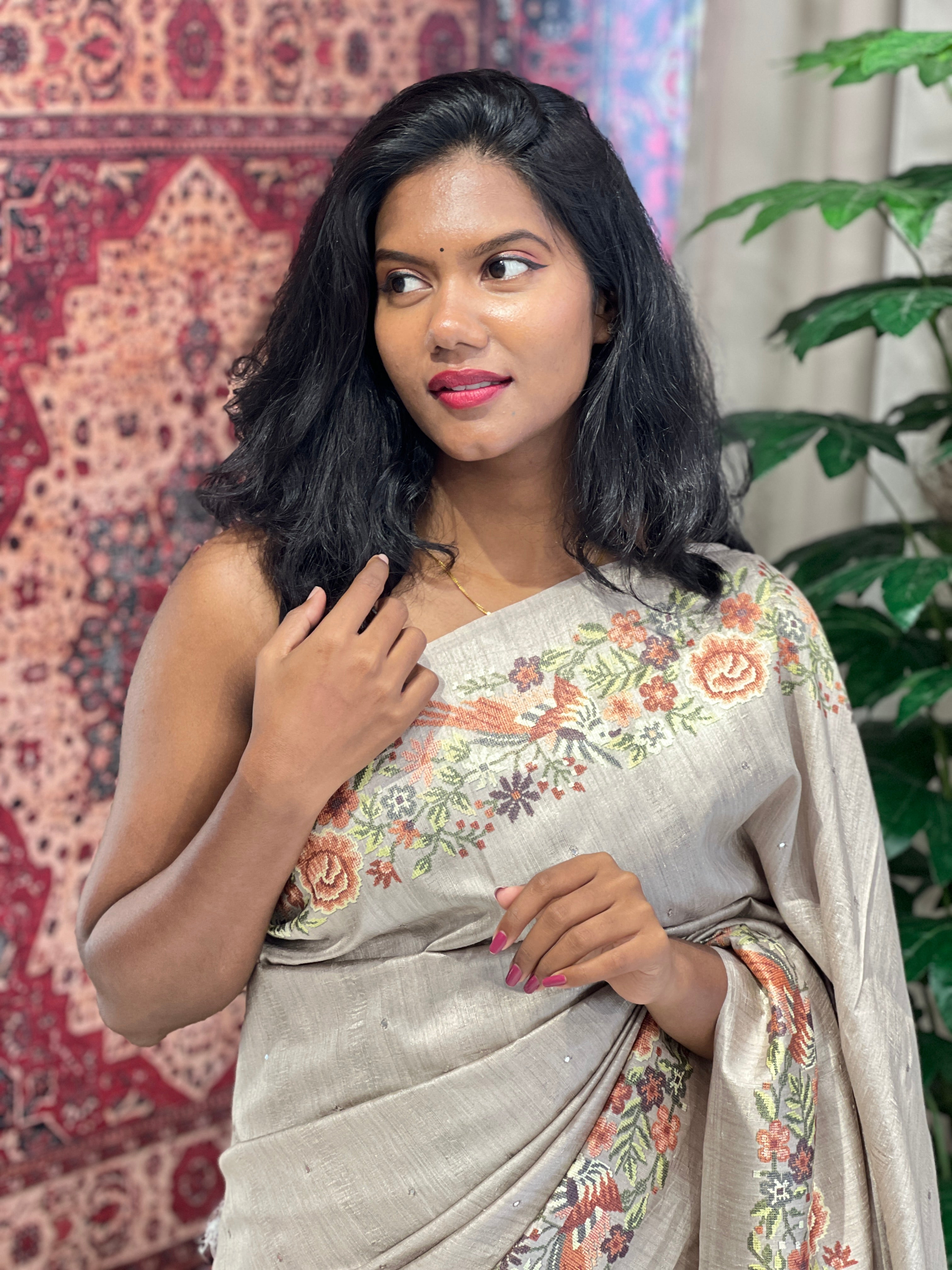 Mirror & Digital Print Detailed Semi Tussar Saree | SSN380