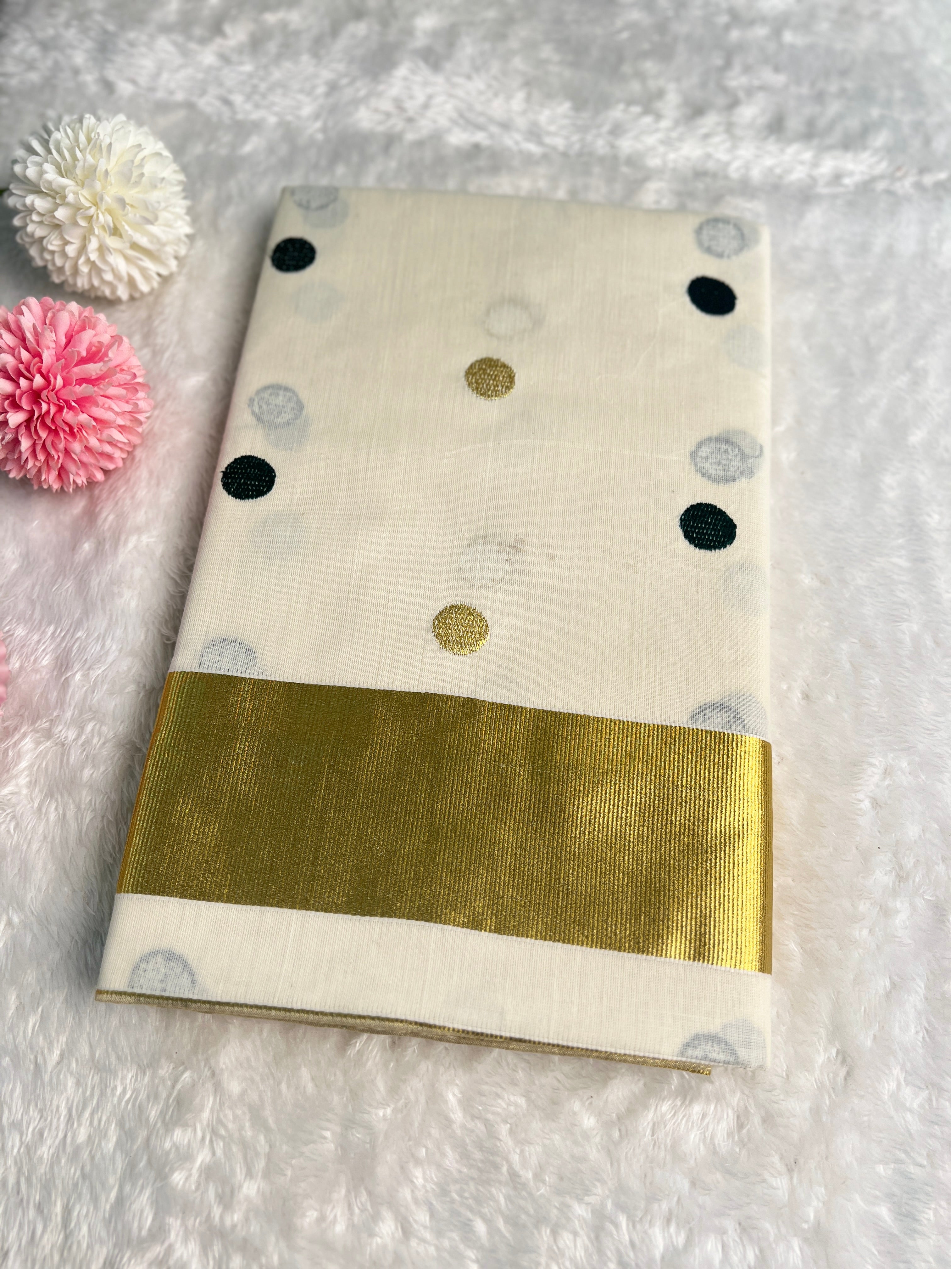 Polka Dots Pattern Kerala Cotton Saree | GAT418