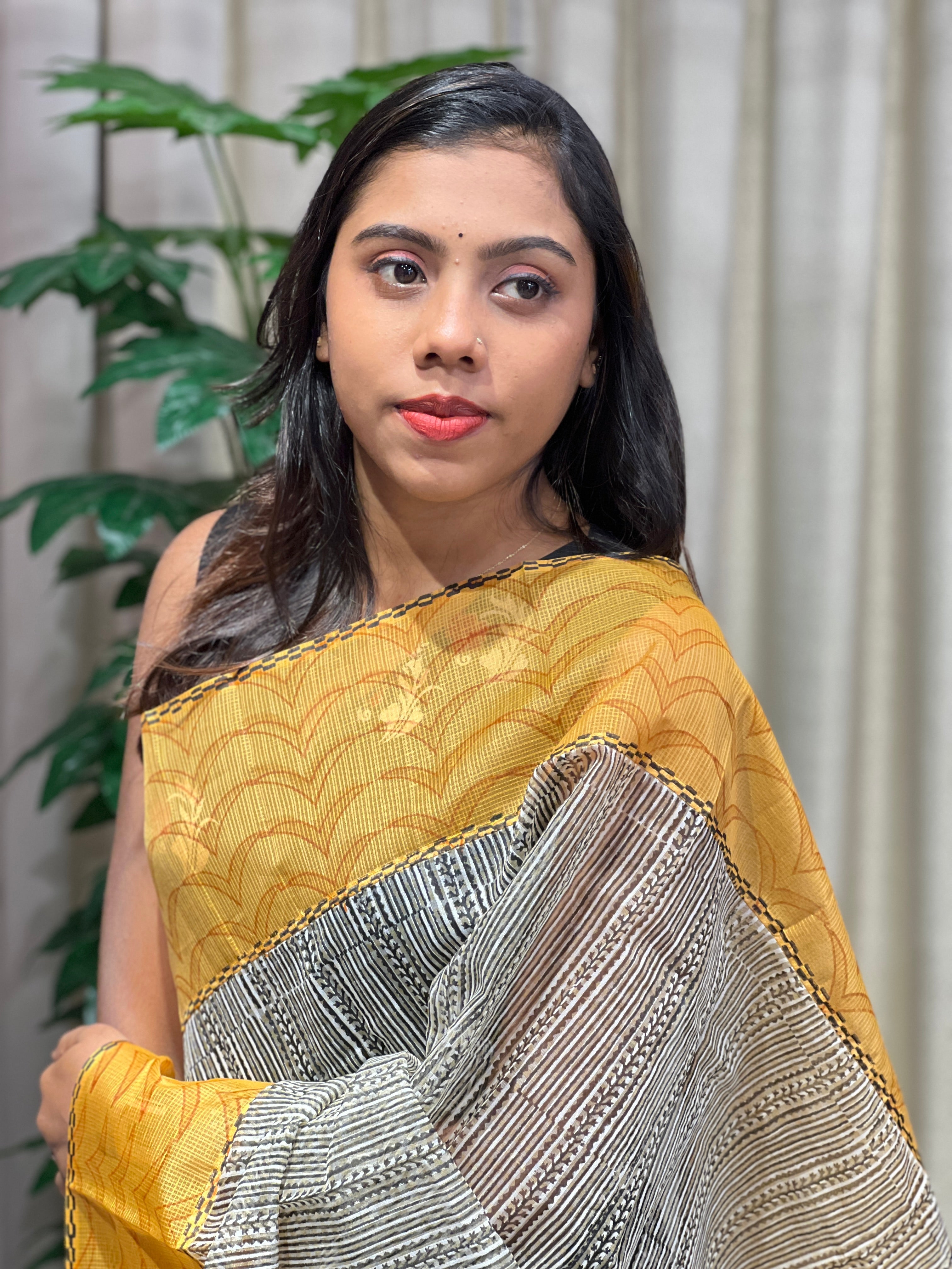 Block Printed Muga Check Organza Saree | JSC488