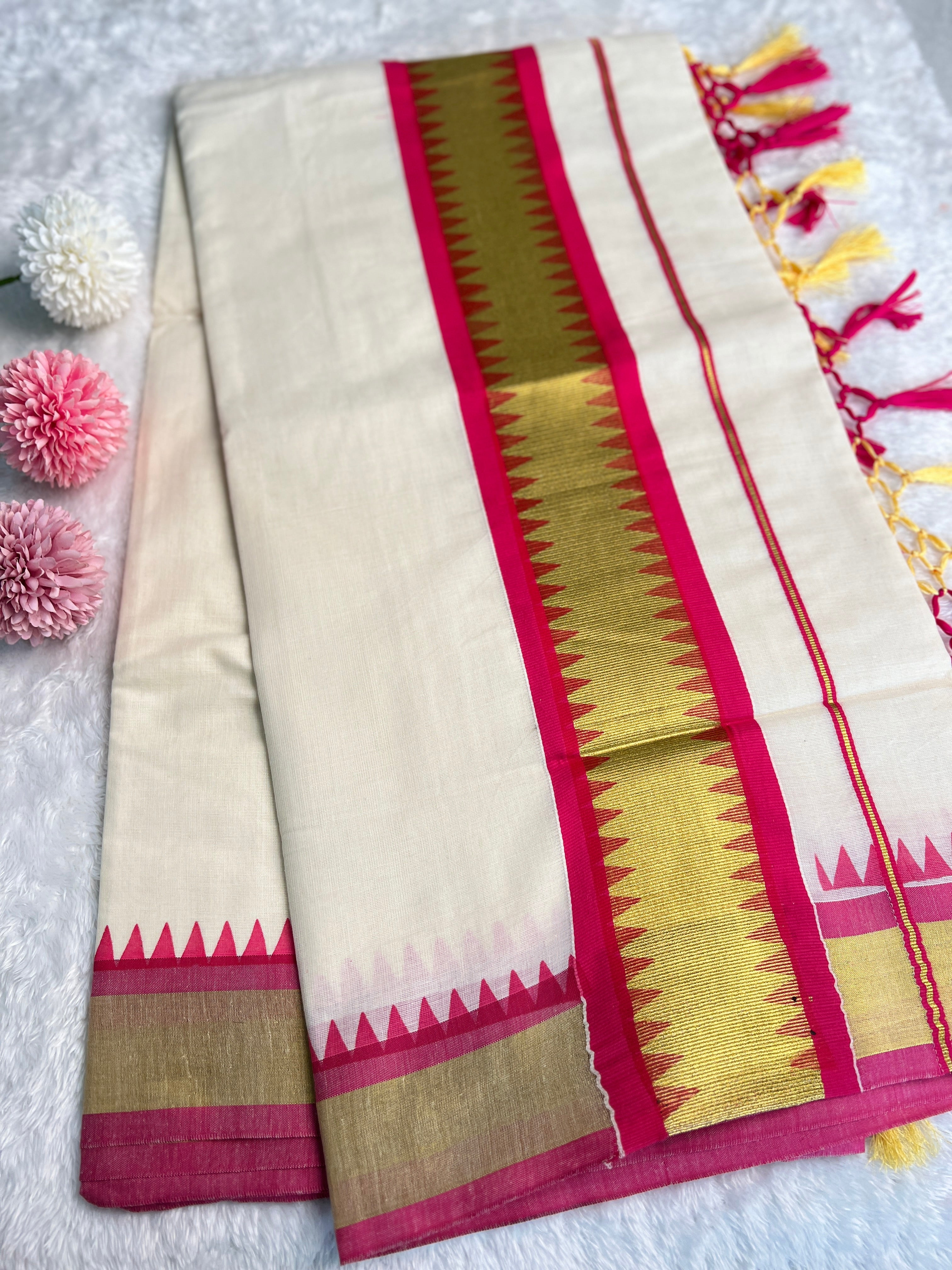 Temple Pattern Border Kerala Cotton Saree | GAT506