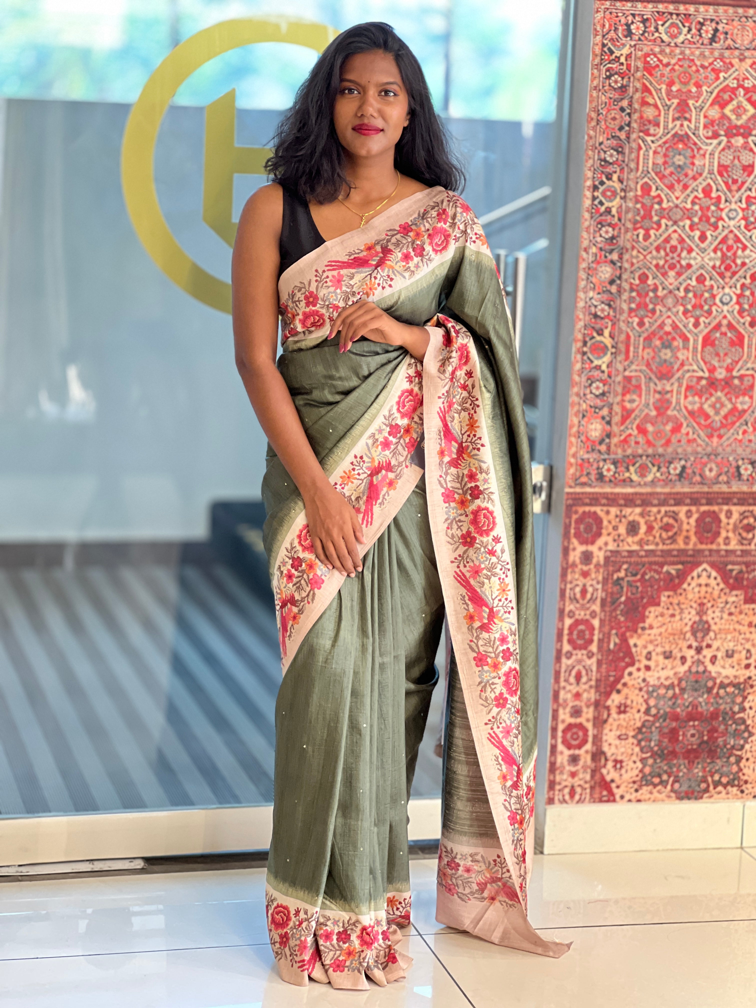 Mirror & Digital Print Detailed Semi Tussar Saree | SSN375