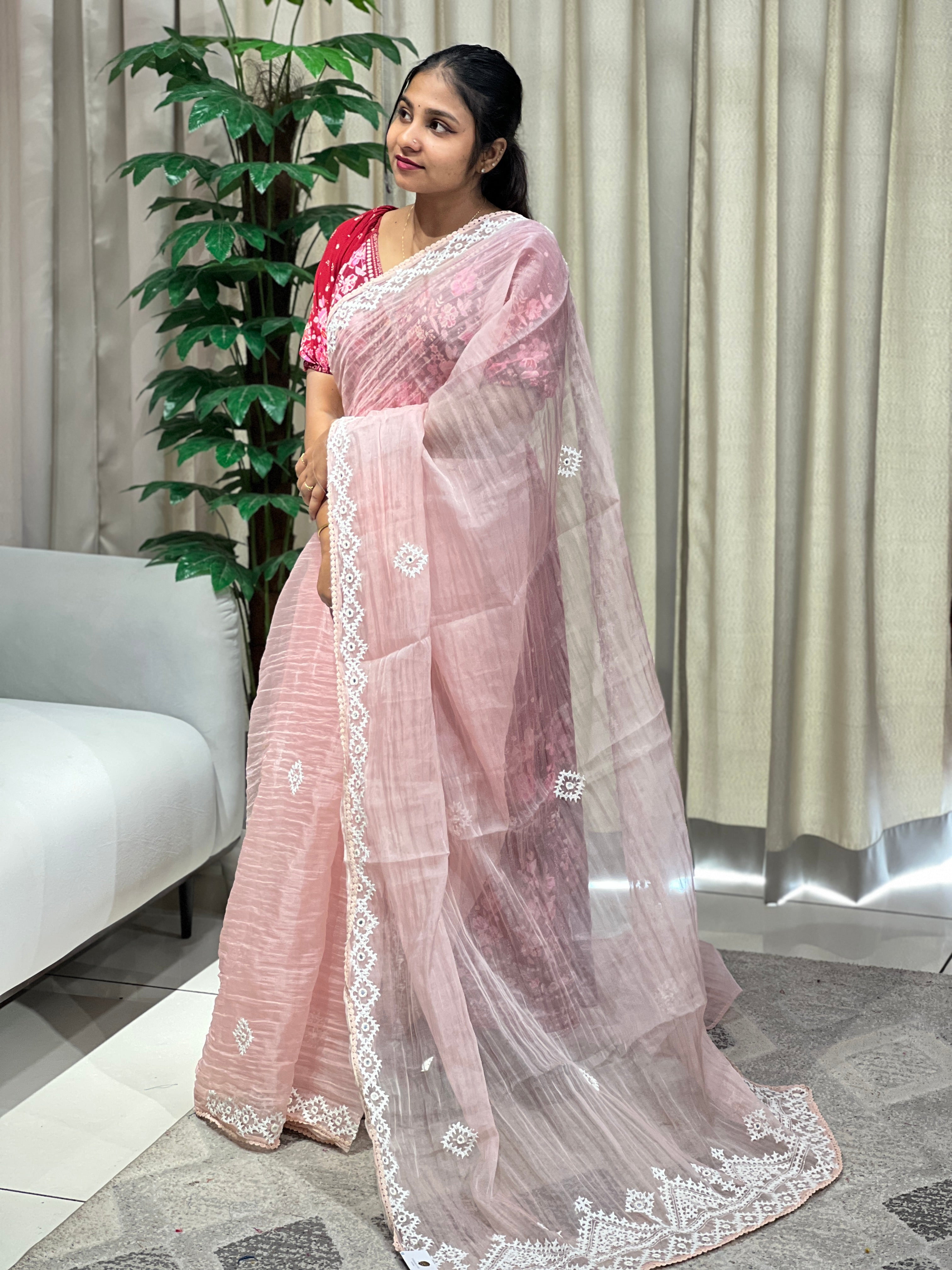 Kutch Work Detailed Crushed Tissue Organza Saree | BLD1918