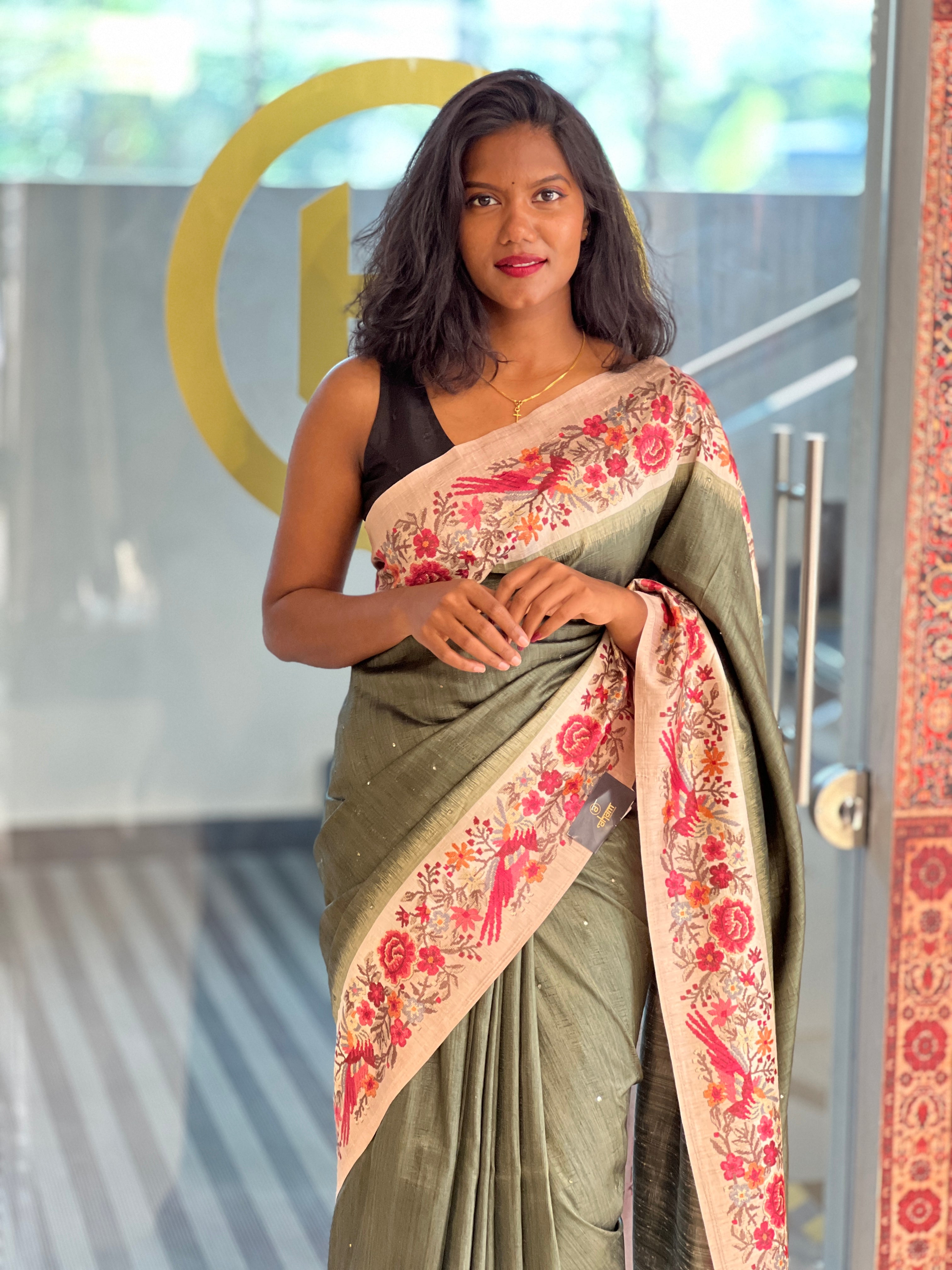 Mirror & Digital Print Detailed Semi Tussar Saree | SSN375