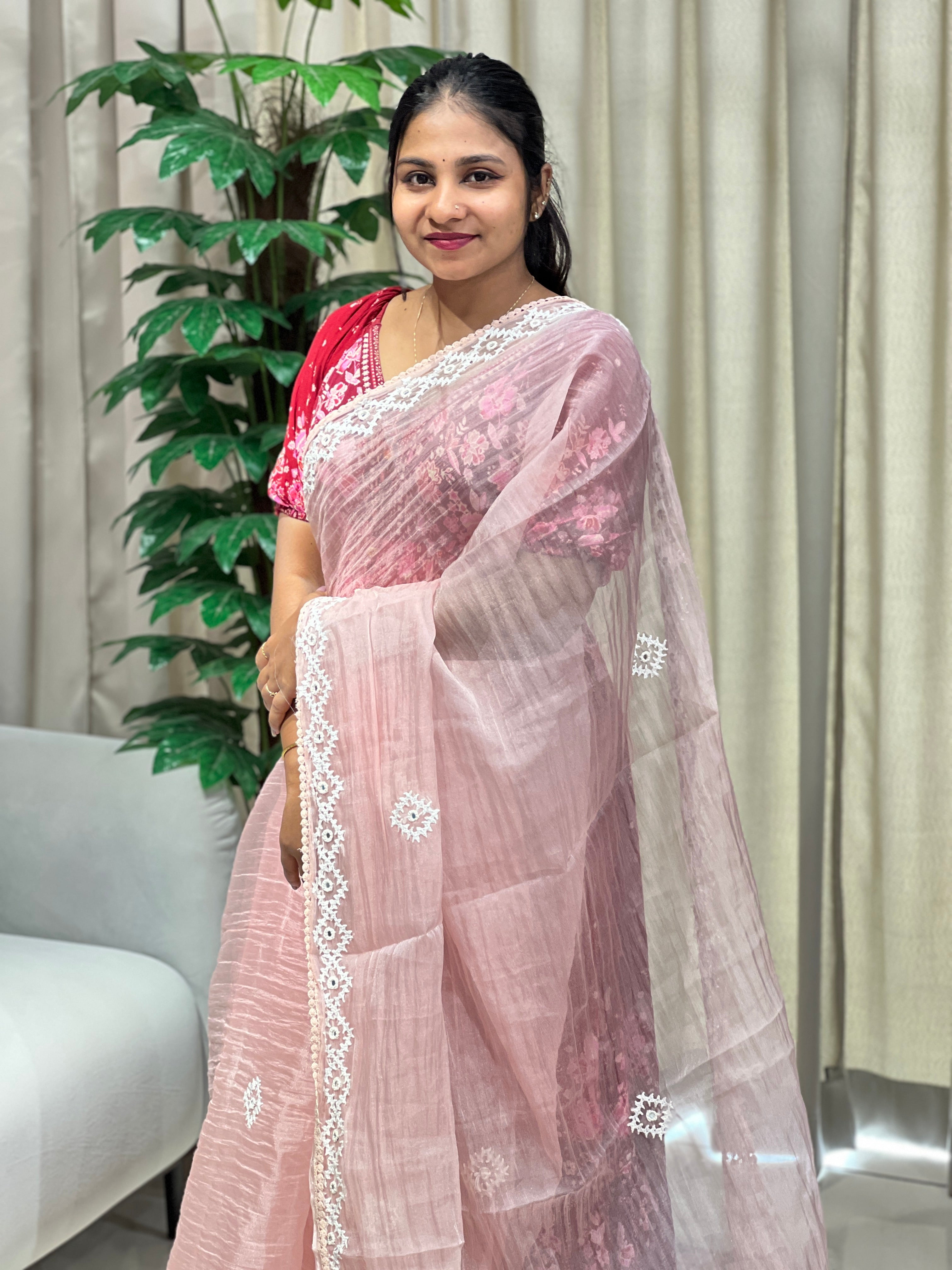 Kutch Work Detailed Crushed Tissue Organza Saree | BLD1918