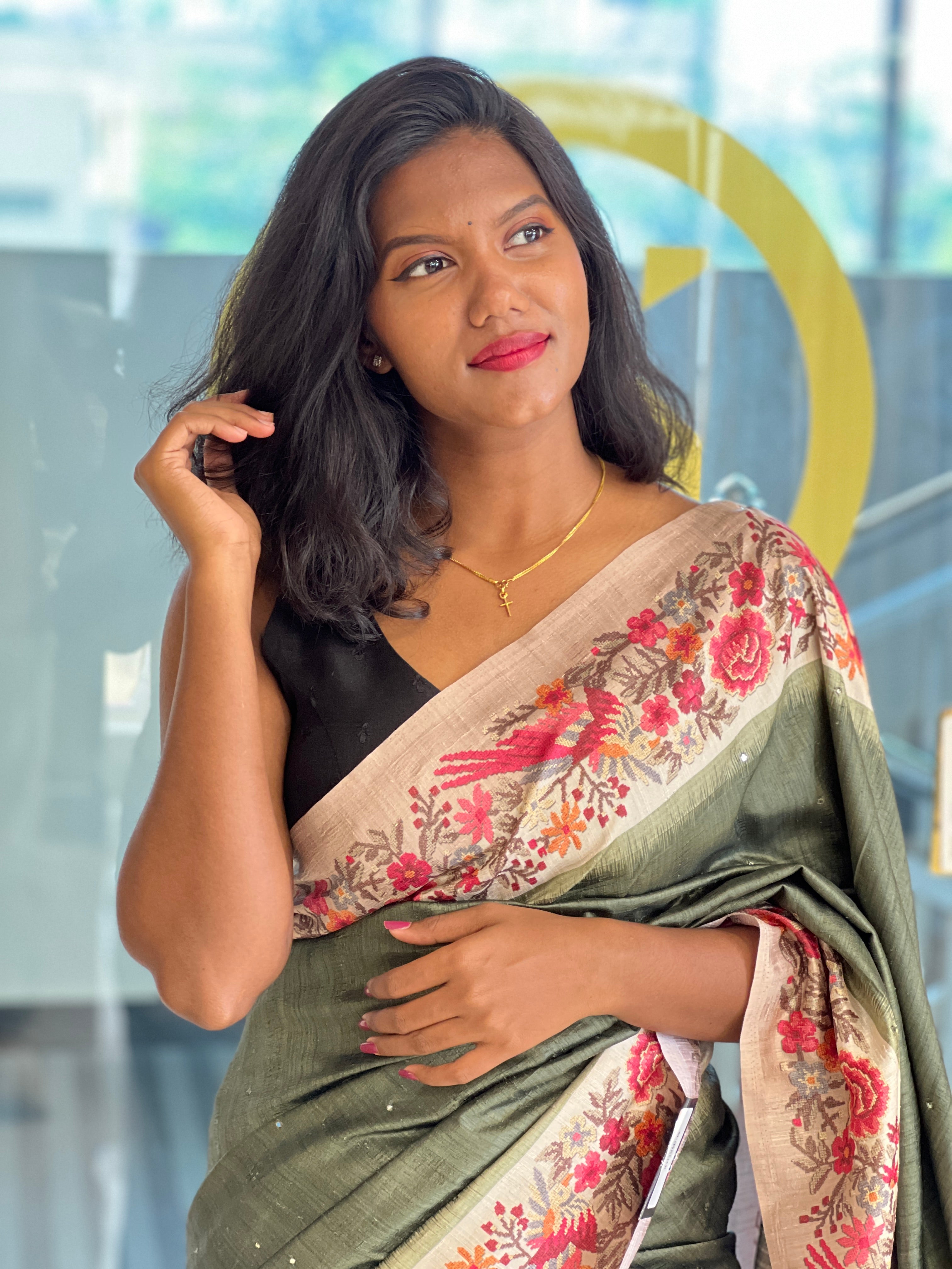 Mirror & Digital Print Detailed Semi Tussar Saree | SSN375