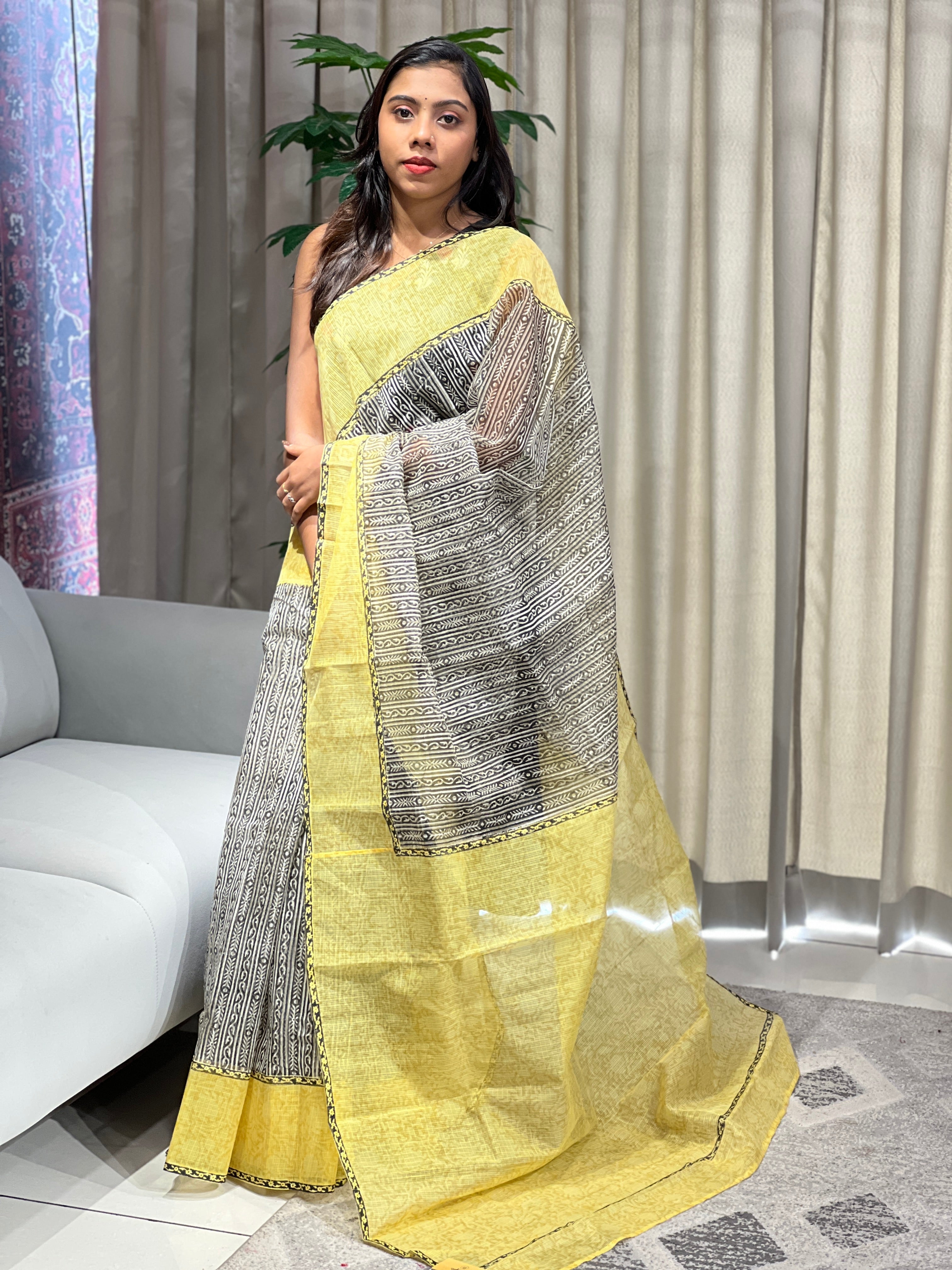 Hand Block Printed Muga Check Organza Saree | JSC435