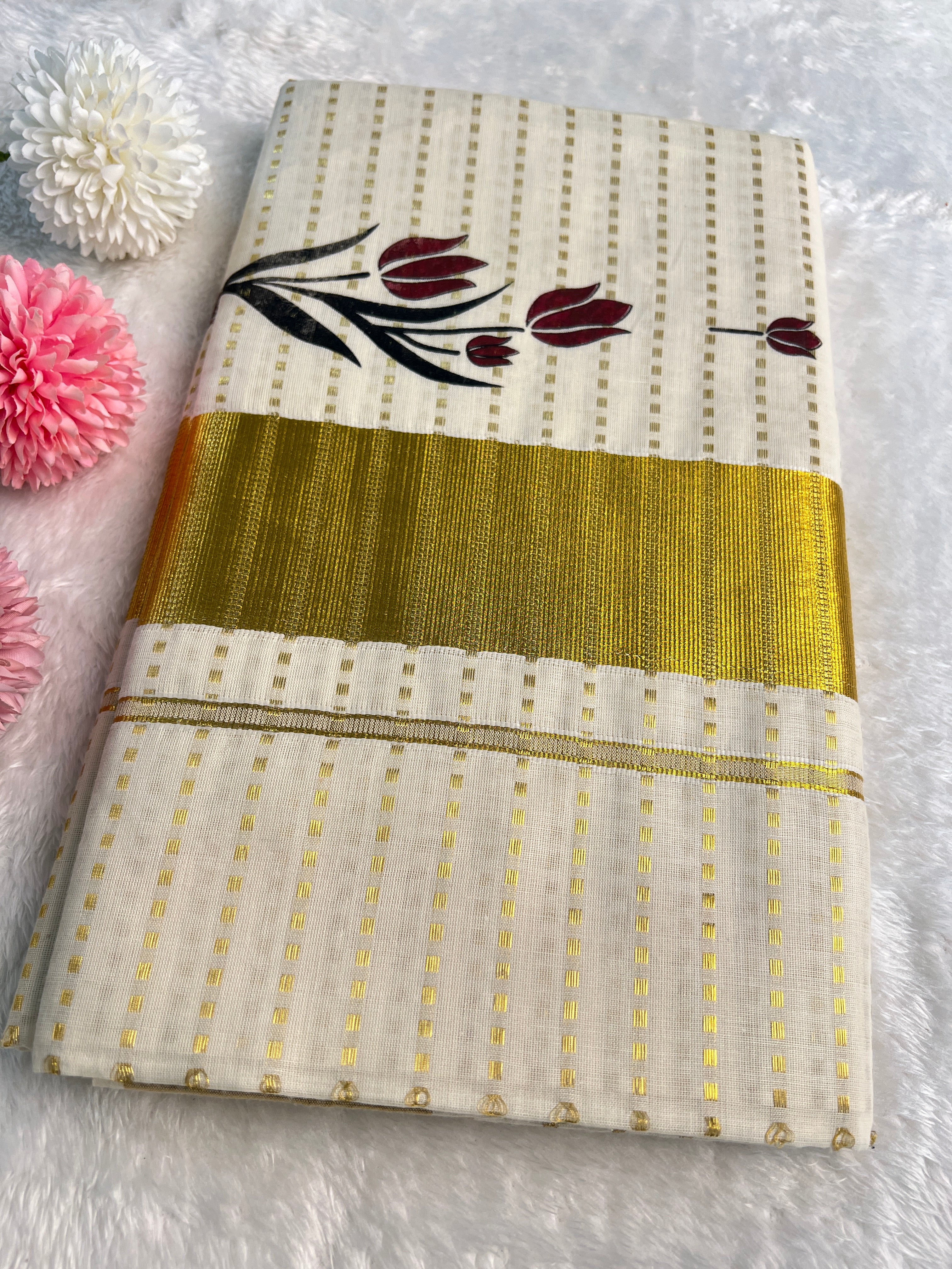Floral Hand Block Printed Cotton Saree | GAT420