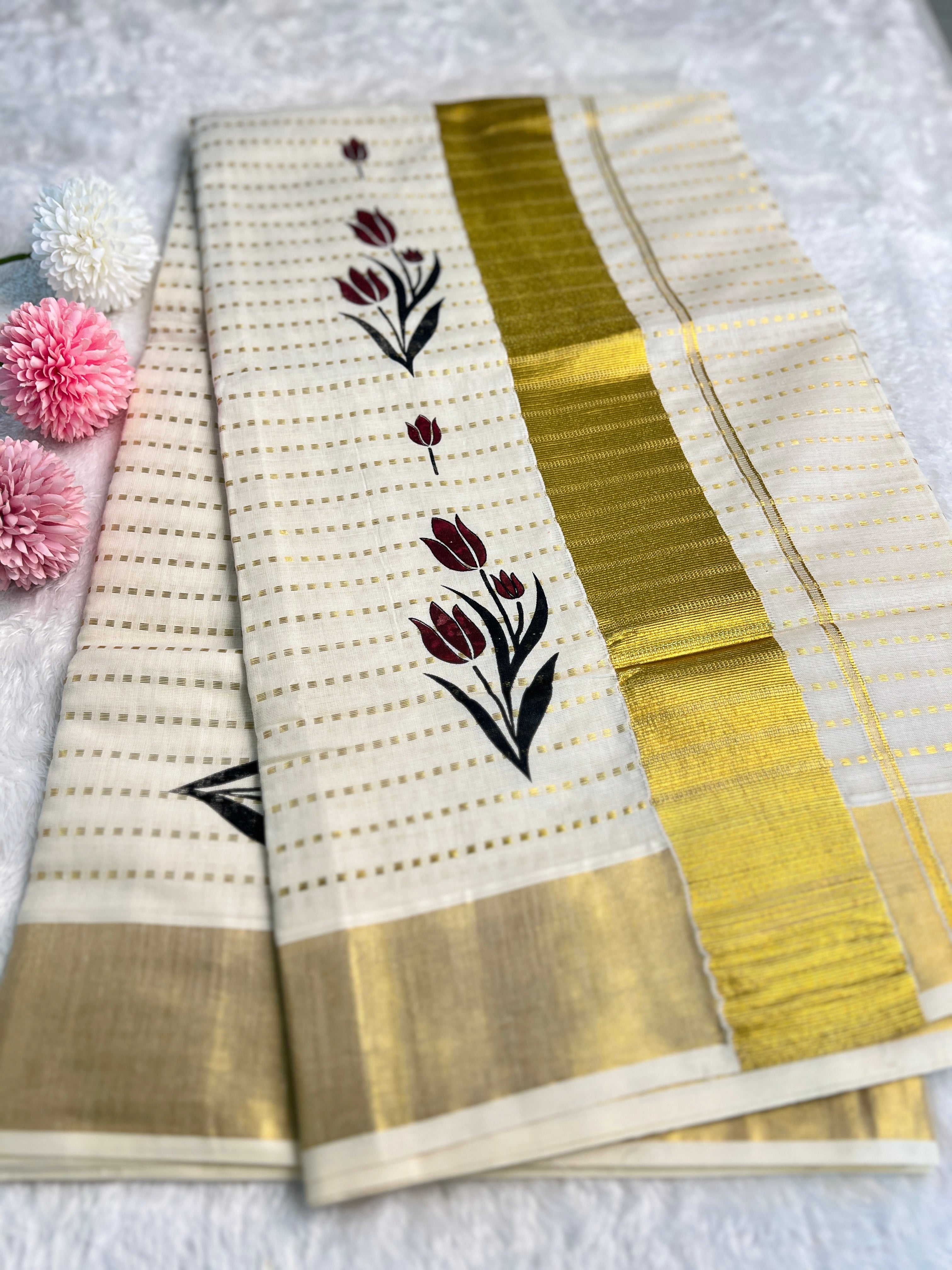 Floral Hand Block Printed Cotton Saree | GAT420
