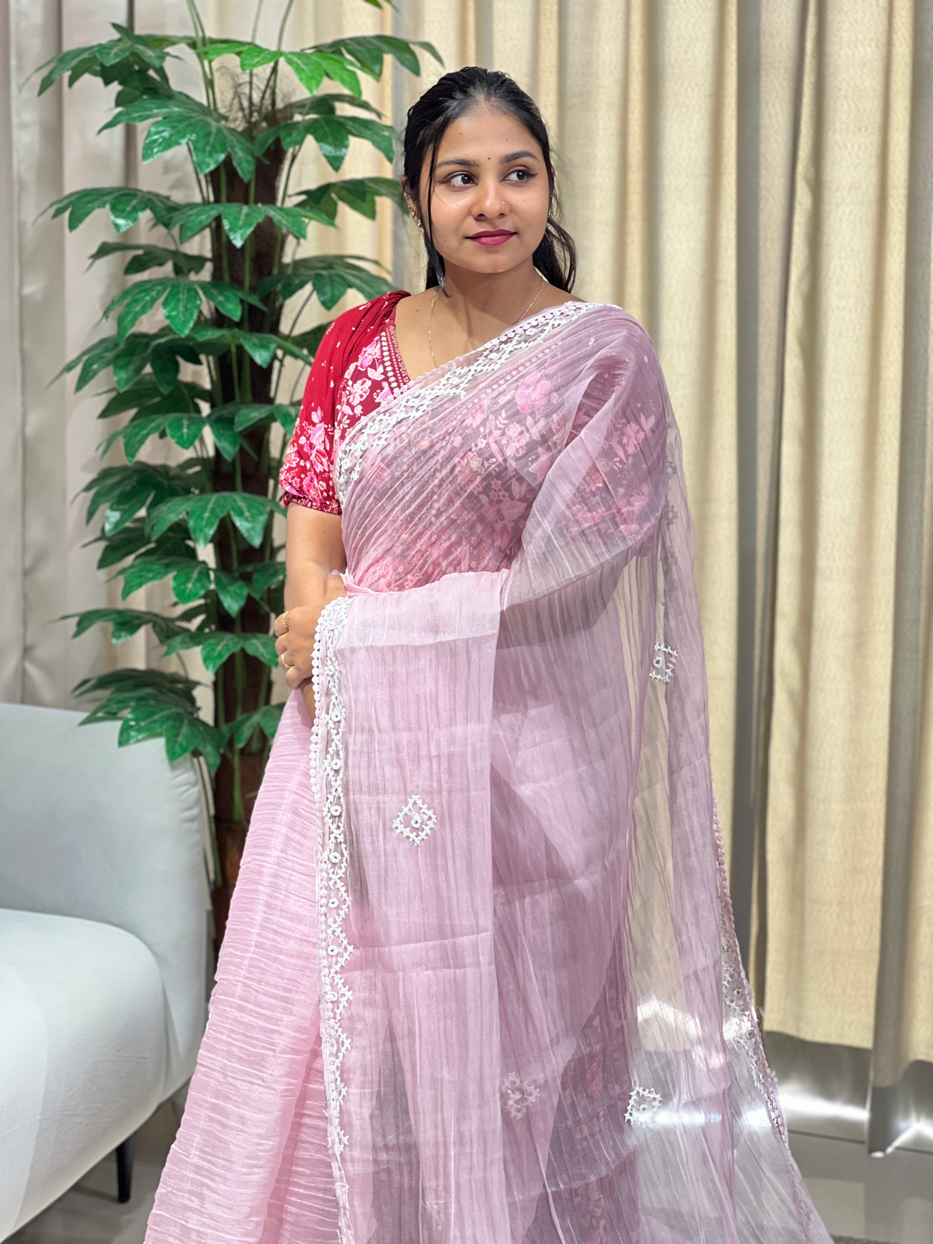 Kutch Work Detailed Crushed Tissue Organza Saree | BLD1915