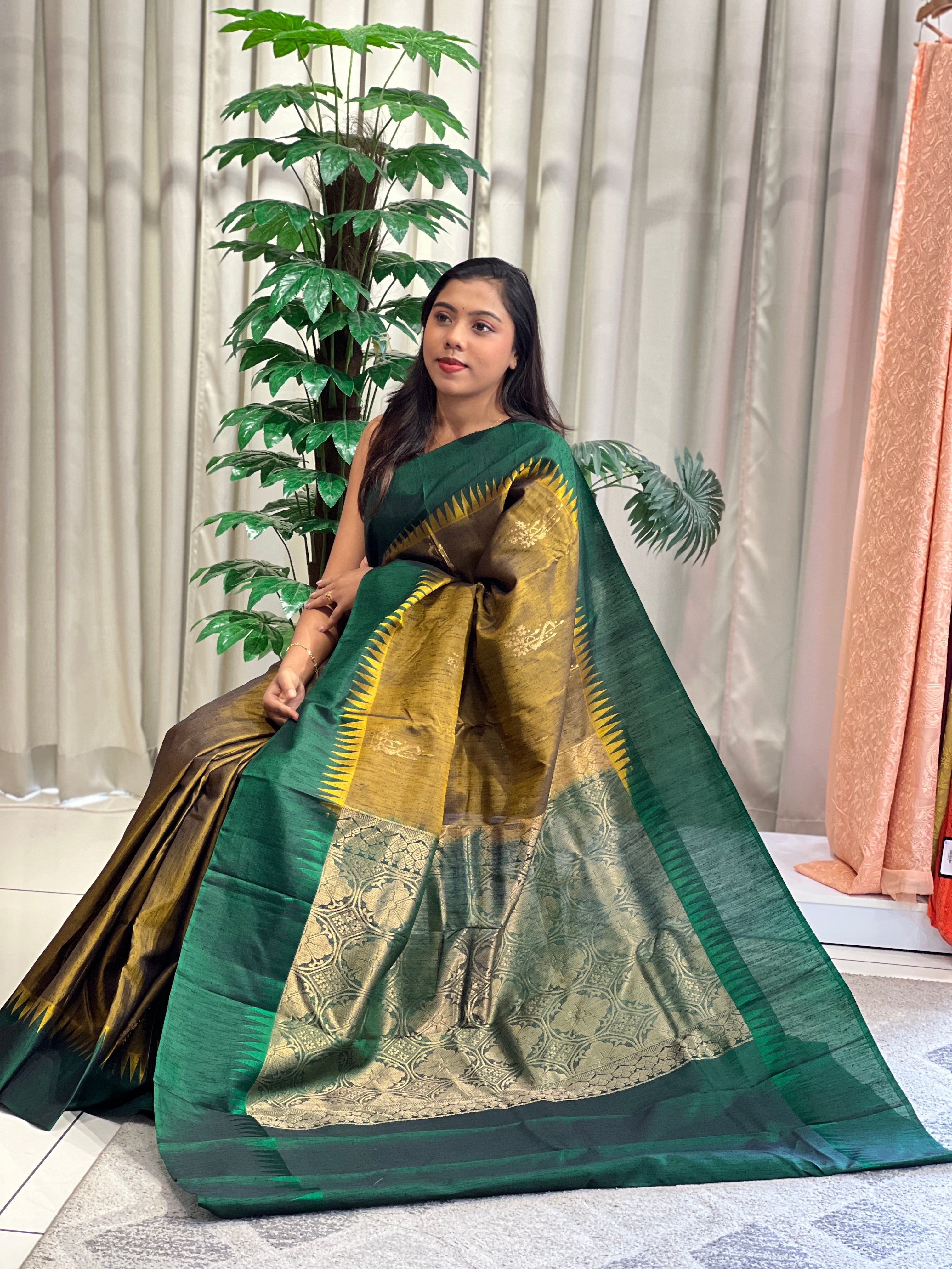 Jute Woven Temple Border Soft Silk Saree | KTS218