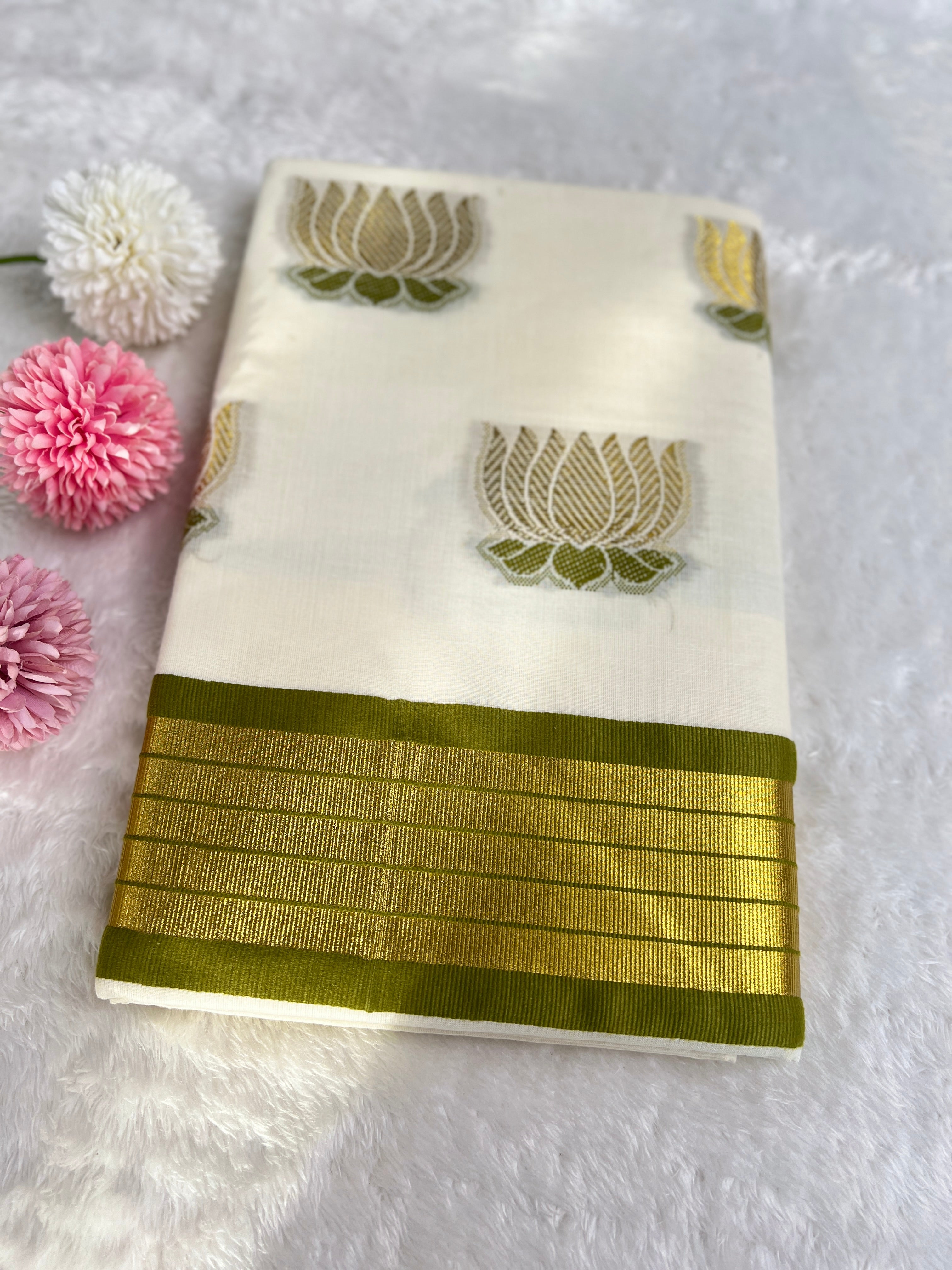 Lotus Pattern Kerala Cotton Saree | GAT424