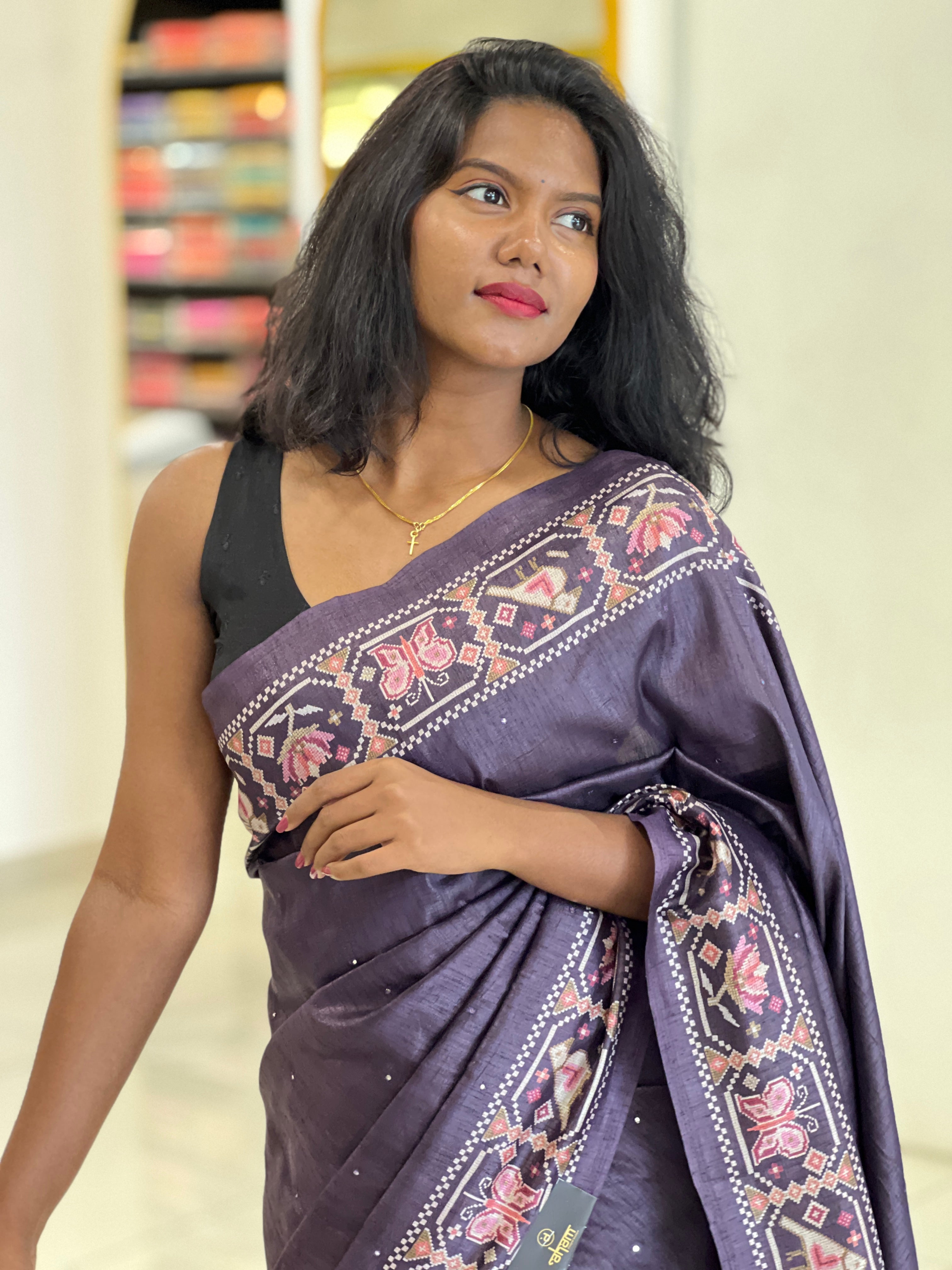 Mirror & Digital Print Detailed Semi Tussar Saree | SSN383
