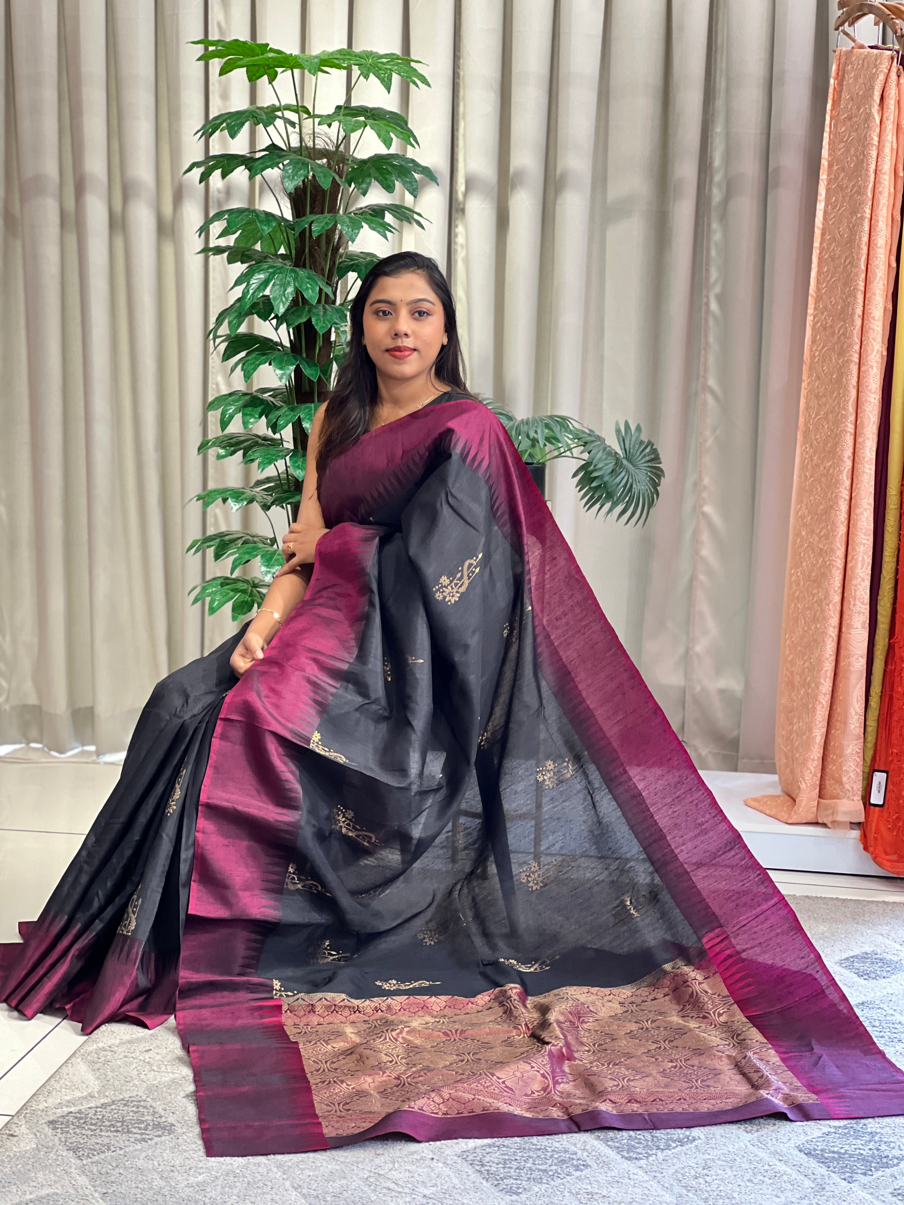 Jute Woven Temple Border Soft Silk Saree | KTS219