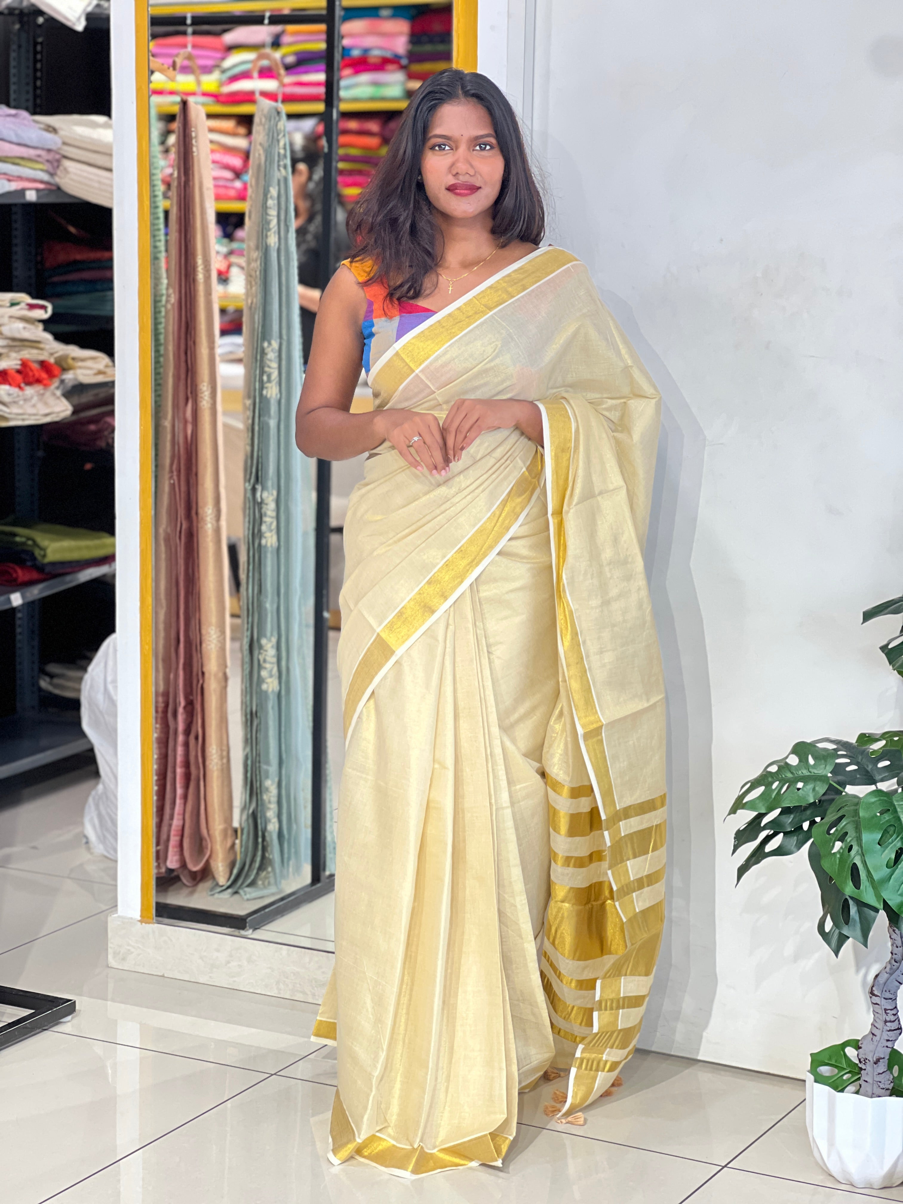 Golden Kasavu Border Pattern Tissue Saree | GAT598