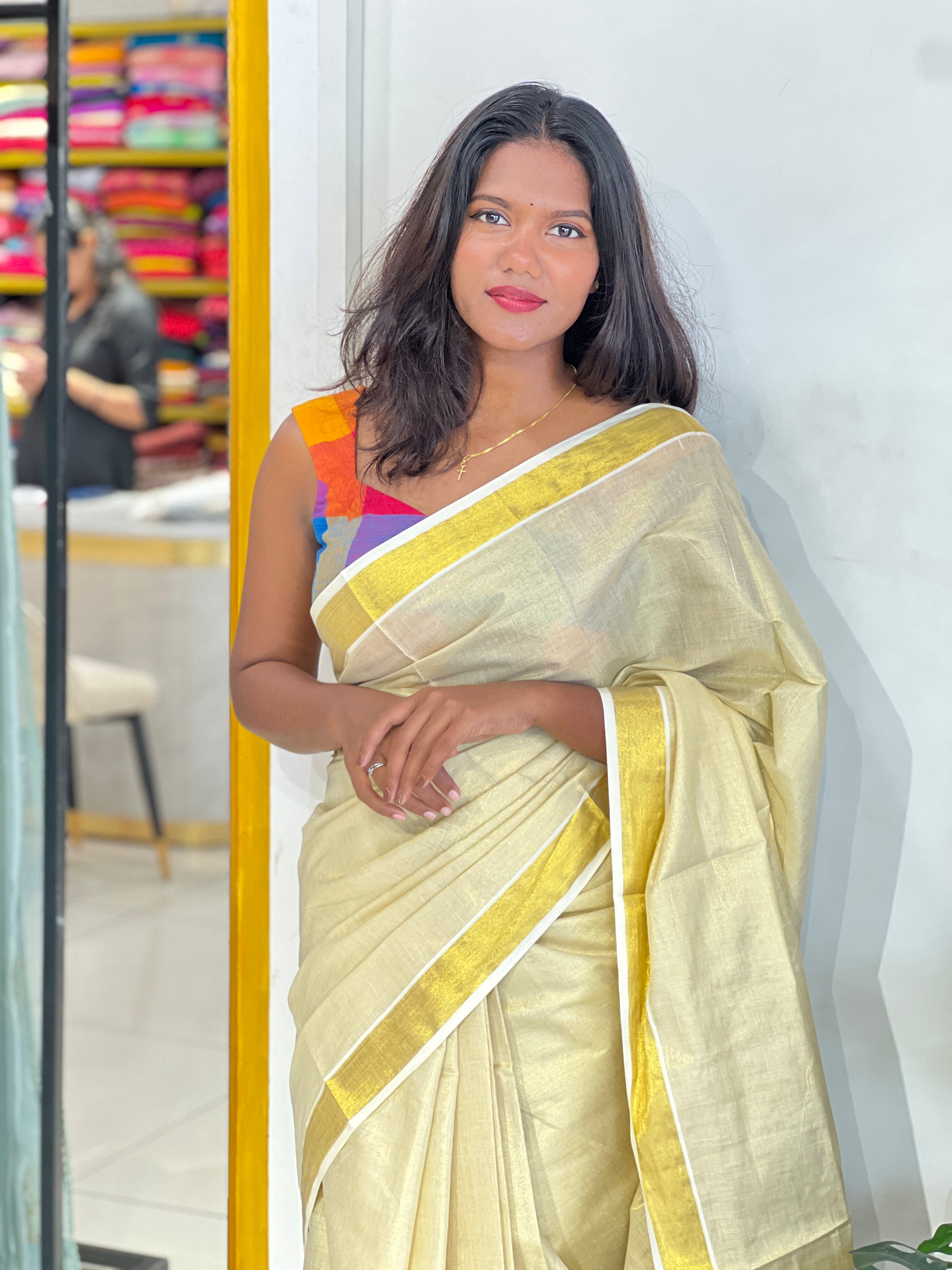 Golden Kasavu Border Pattern Tissue Saree | GAT598