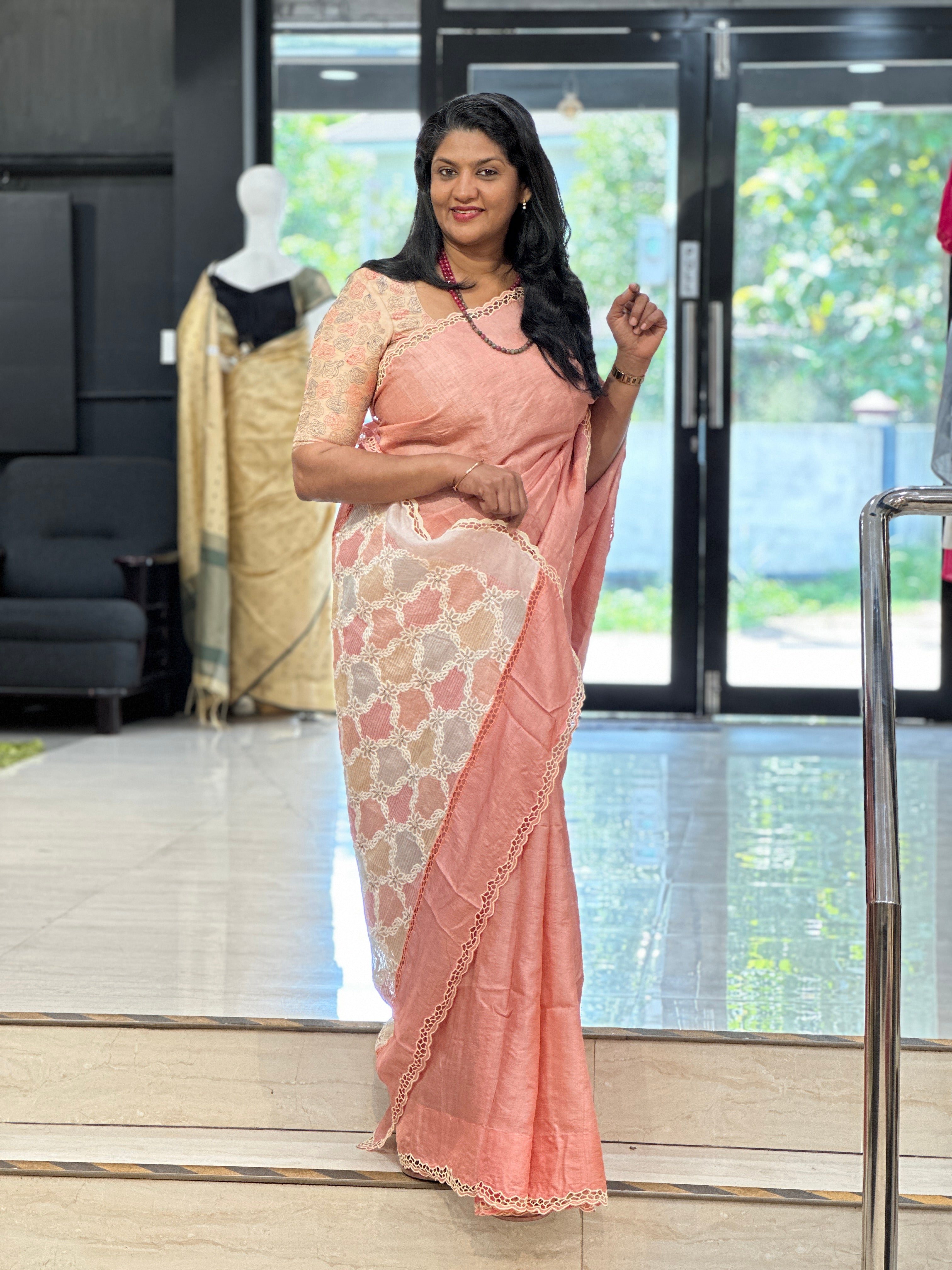 Scallop Pattern Twine Cut Work Desi Tussar Saree | TC502