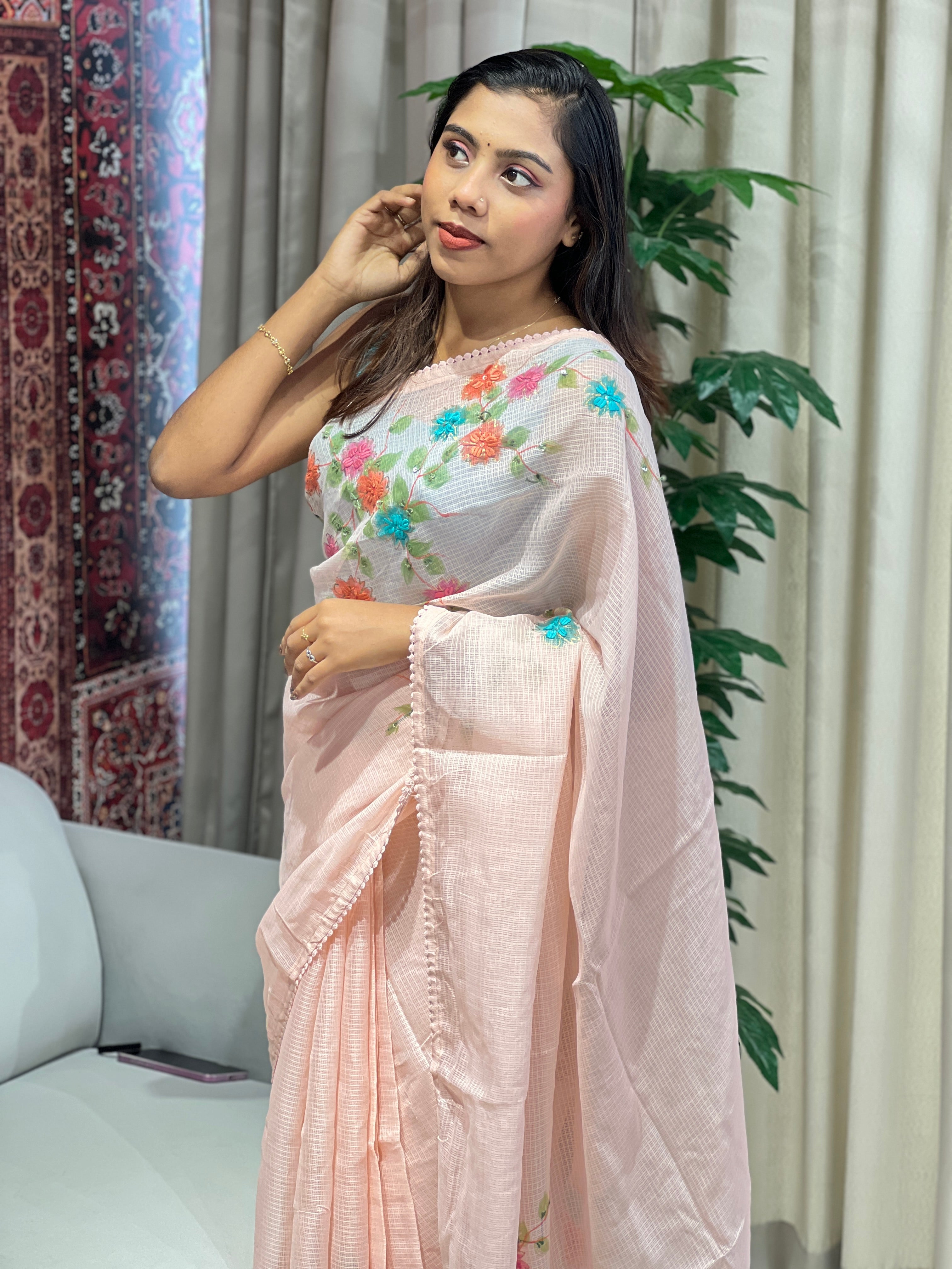 Floral Paint With Embroidery Highlighted Kota Saree | BLD1976