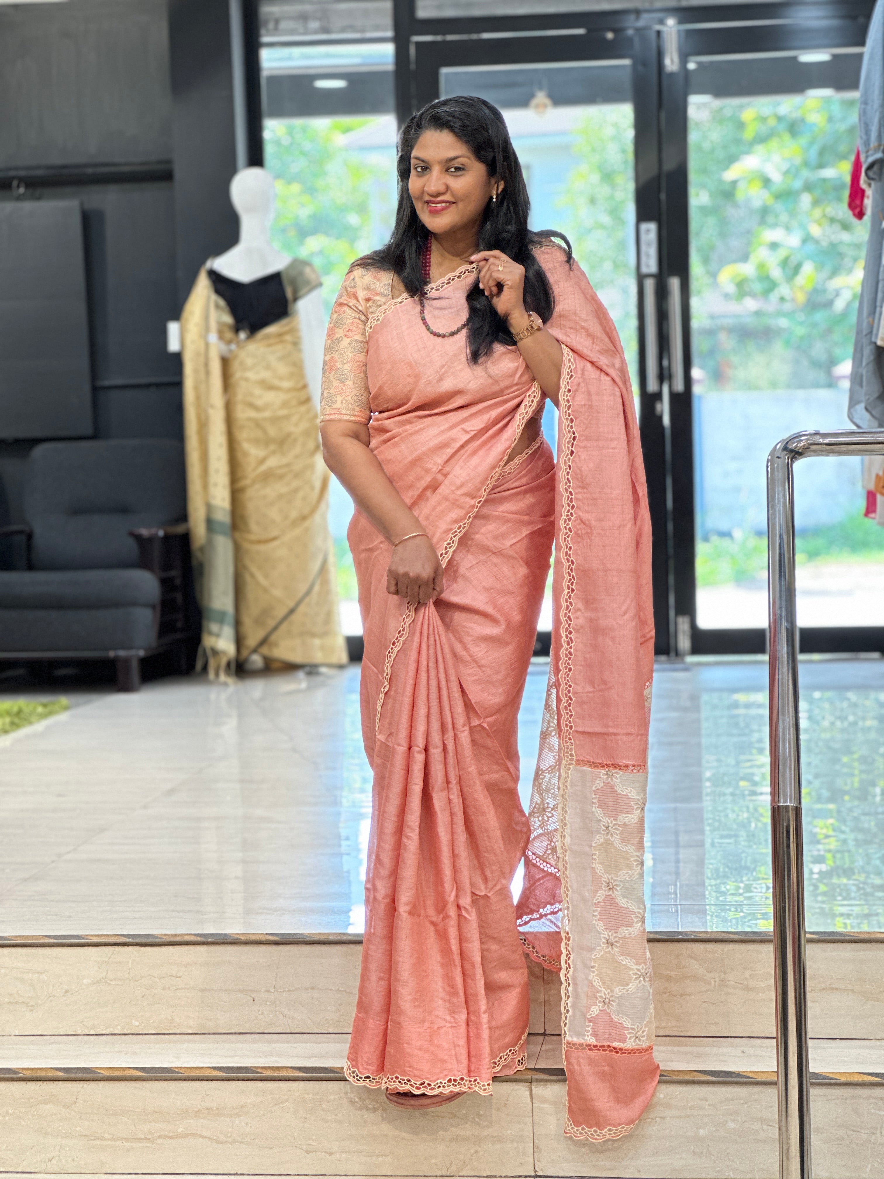 Scallop Pattern Twine Cut Work Desi Tussar Saree | TC502