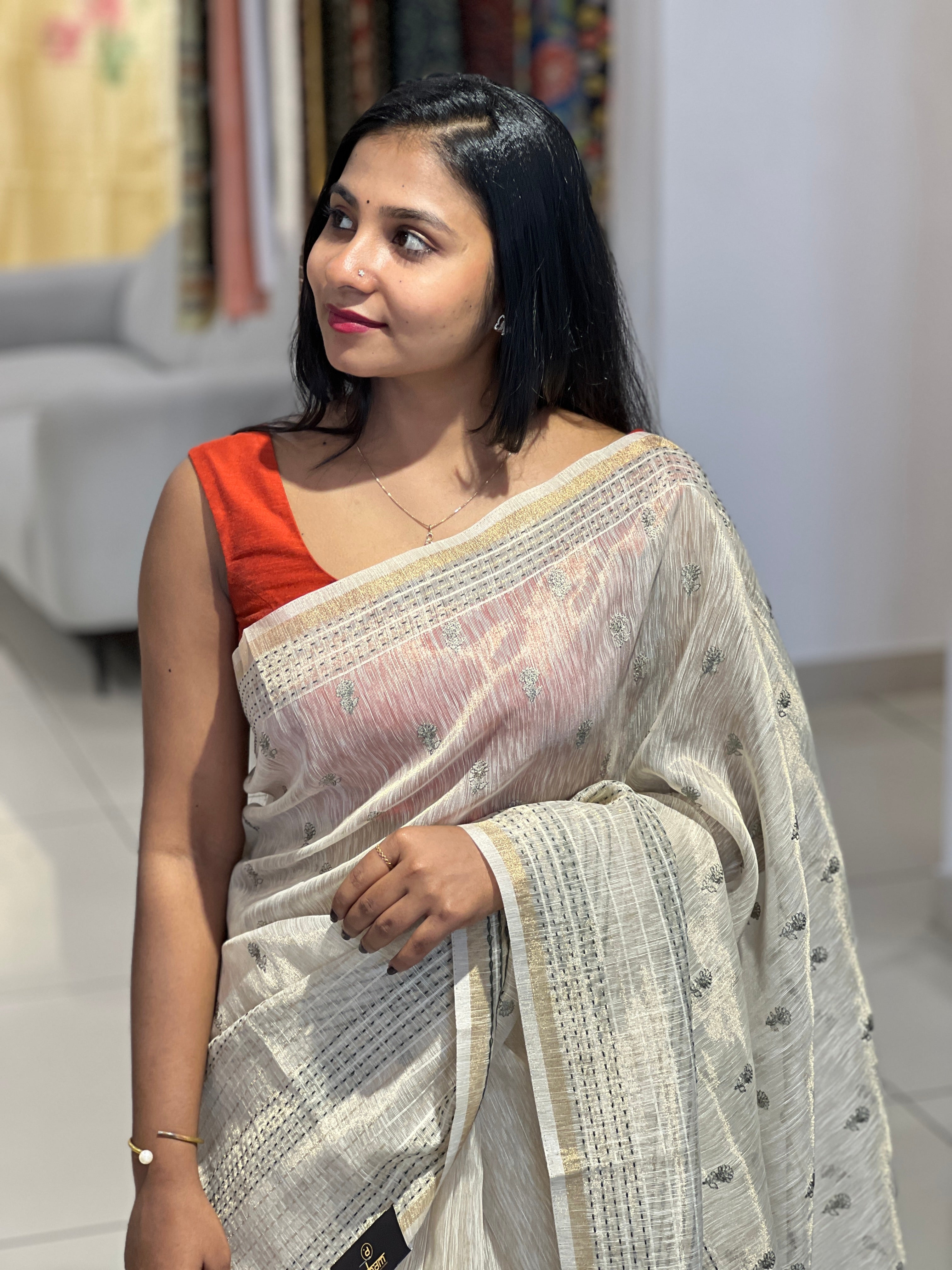 Machine Embroidery Detailed Tissue Saree | SSN305