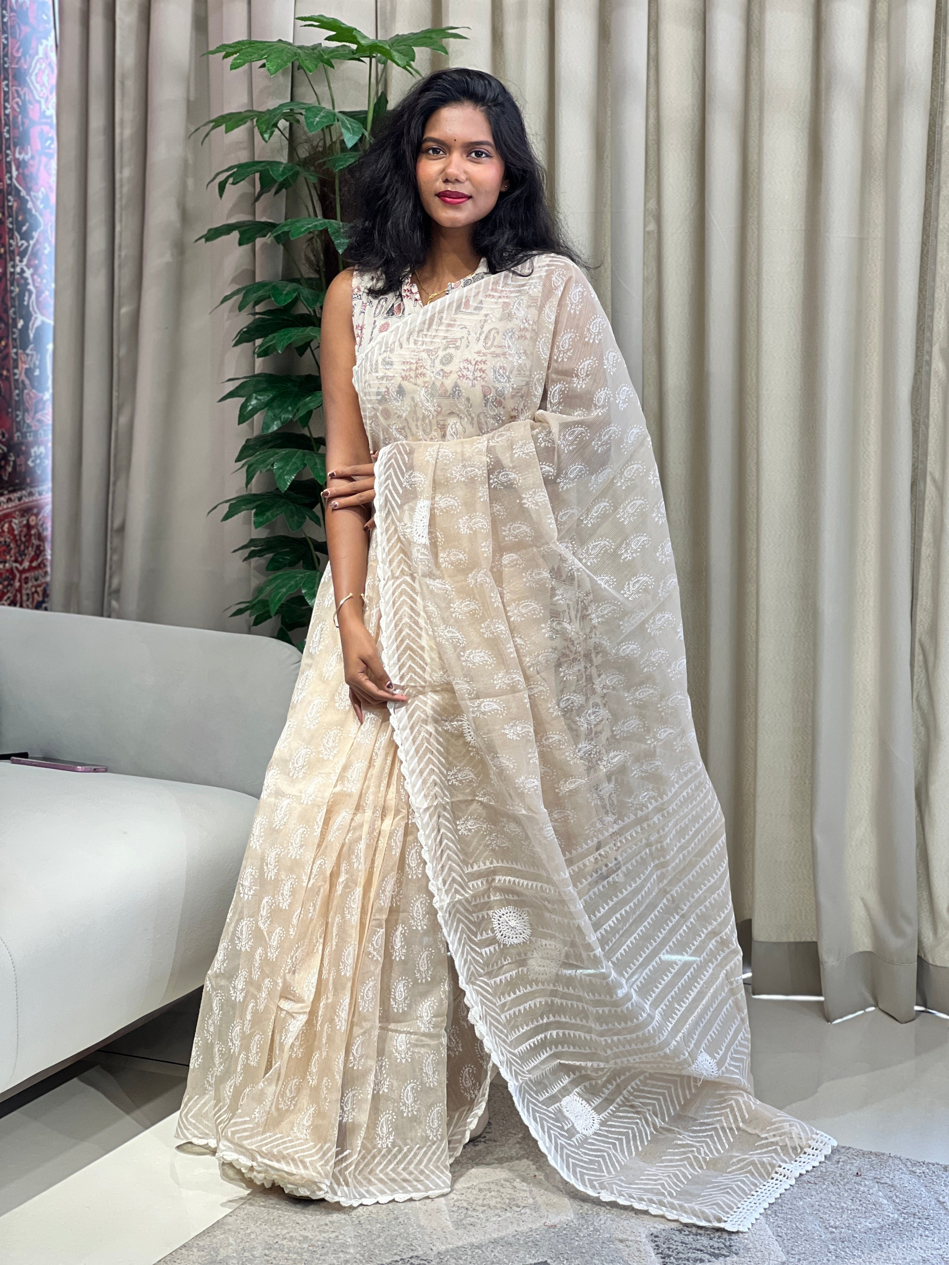 Block Printed Supernet Kota Saree | JSC434