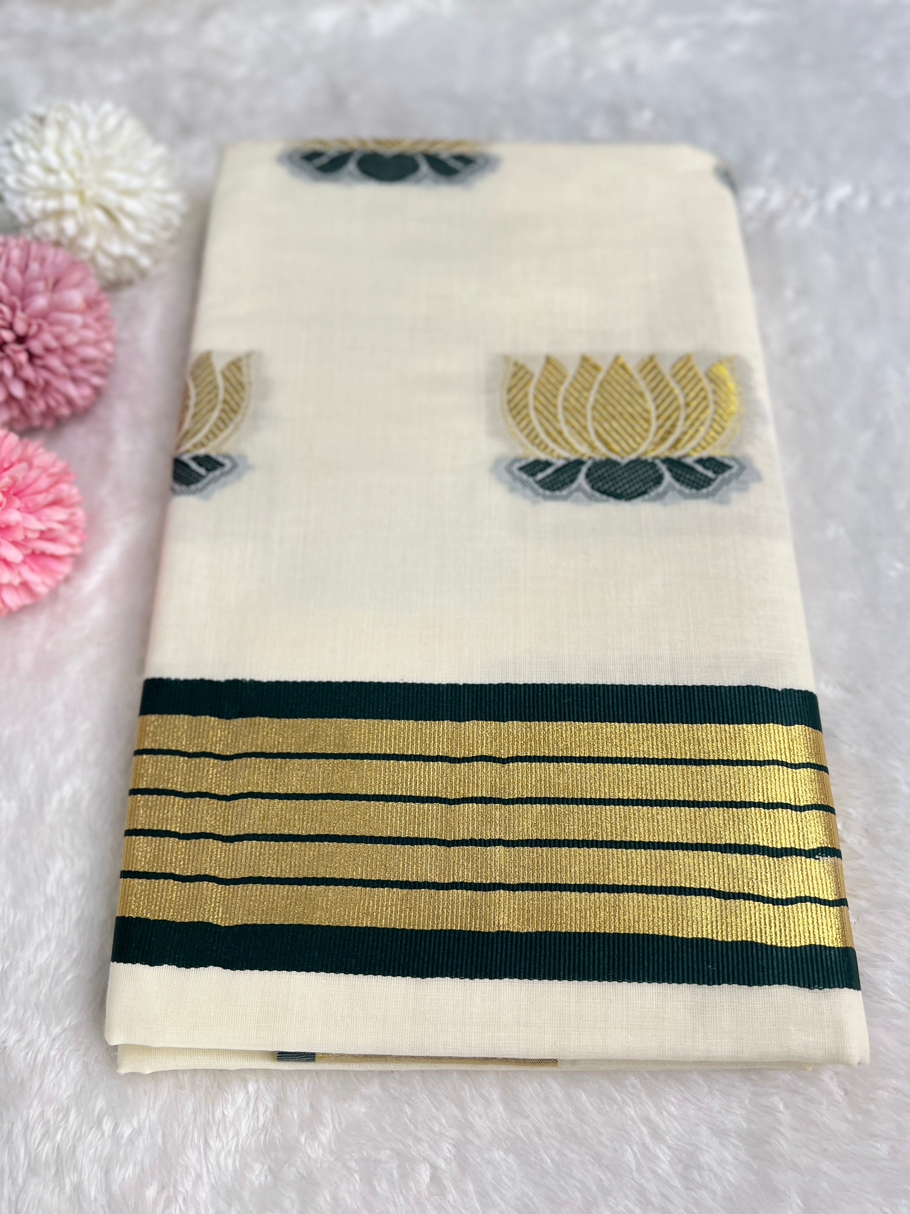 Lotus Pattern Kerala Cotton Saree | GAT421