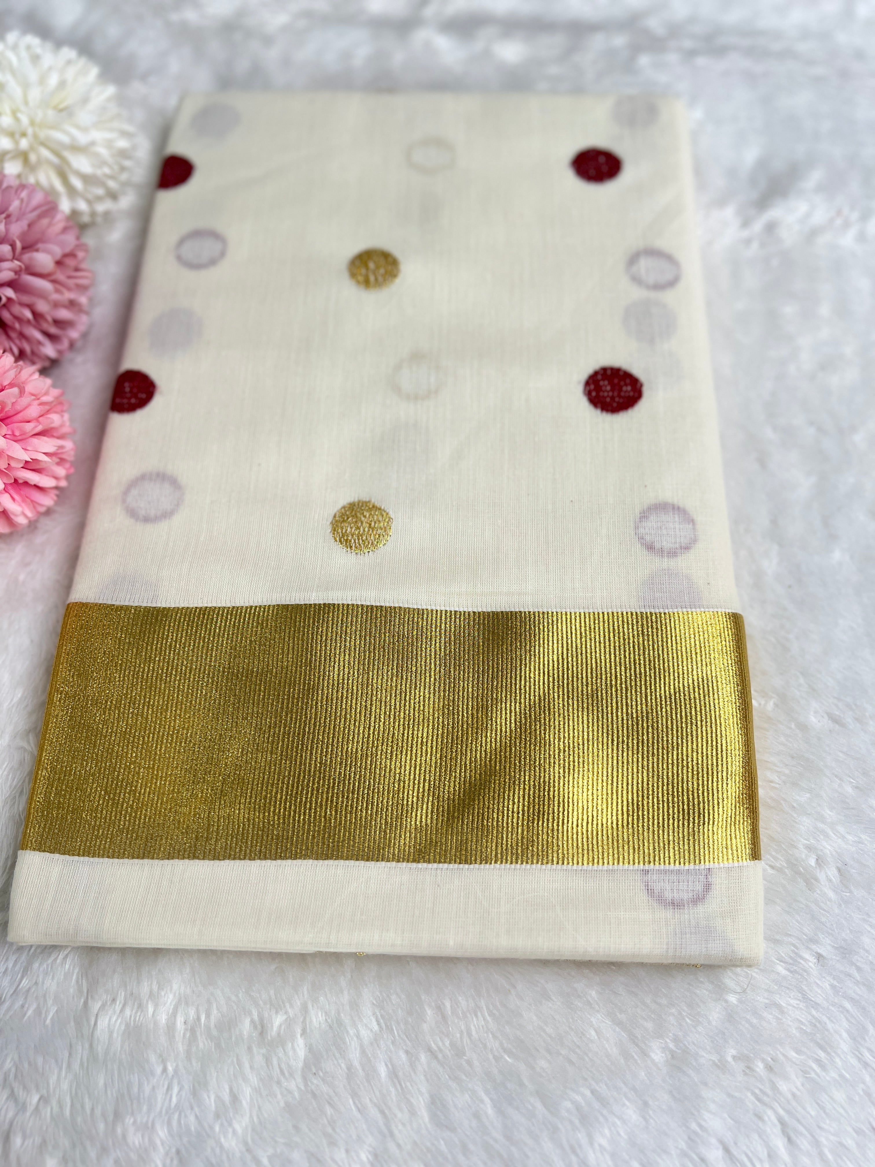 Polka Dots Pattern Kerala Cotton Saree | GAT417