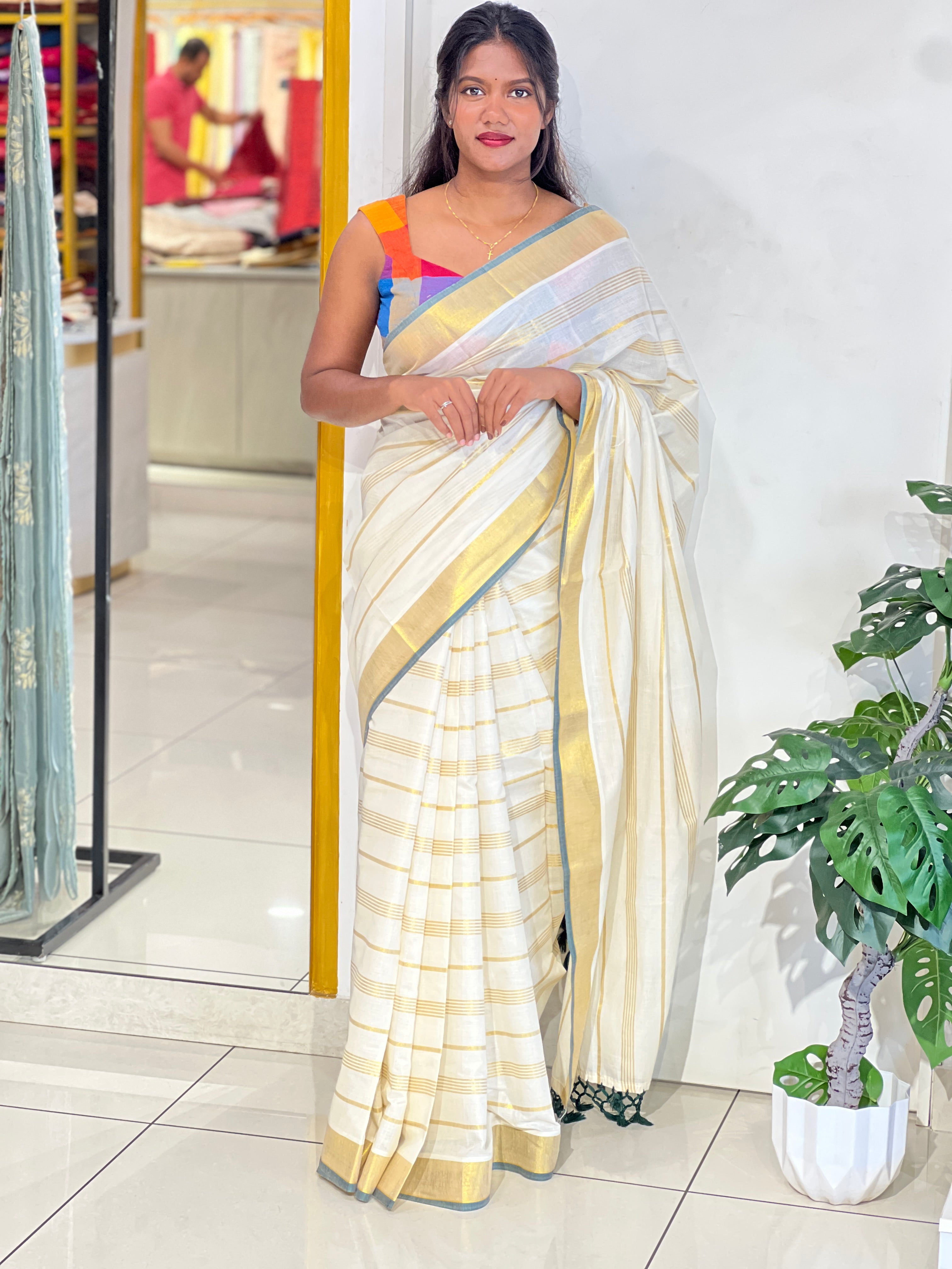 Golden Kasavu Border Pattern Kerala Cotton Saree | GAT604