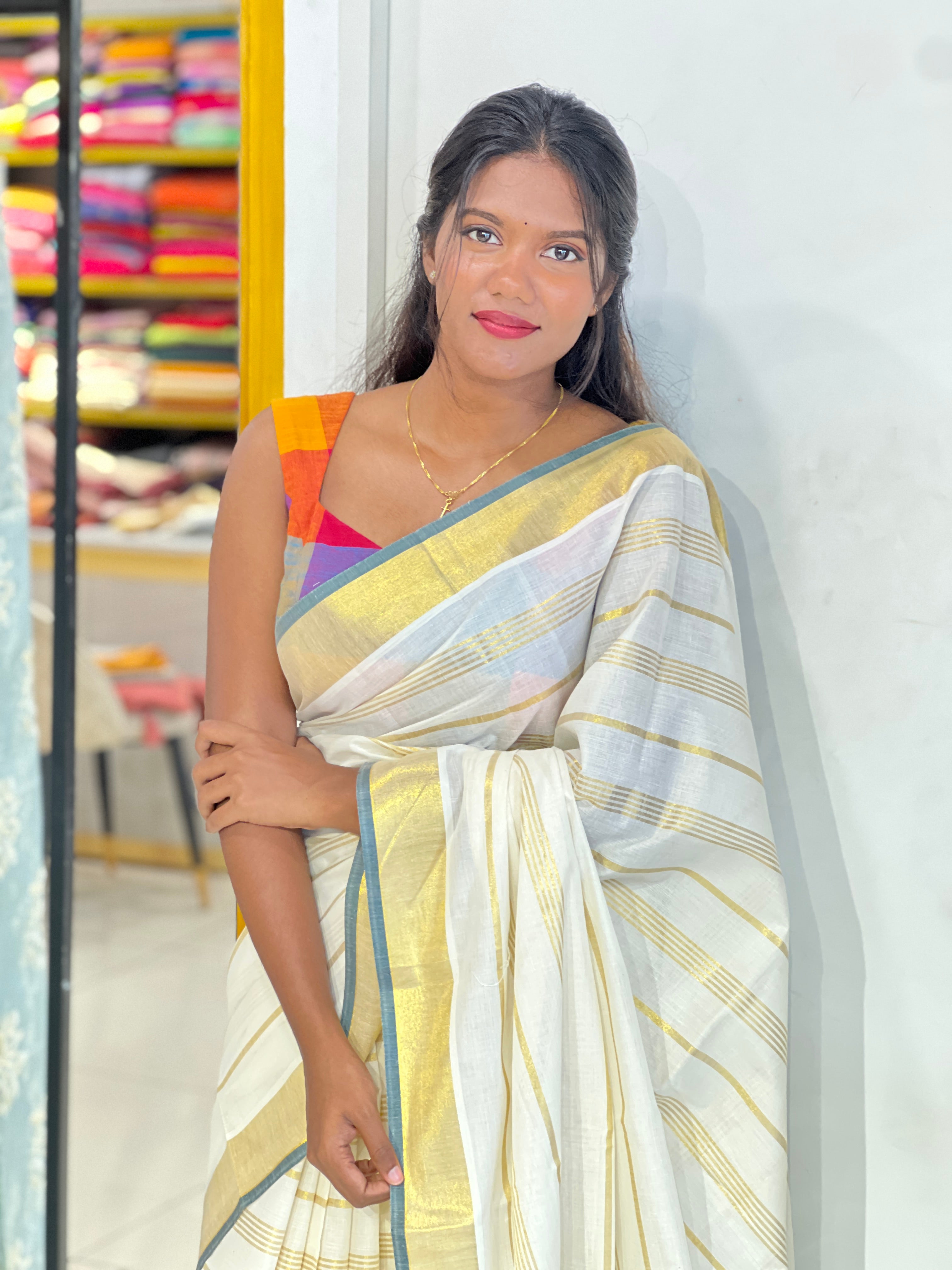 Golden Kasavu Border Pattern Kerala Cotton Saree | GAT604