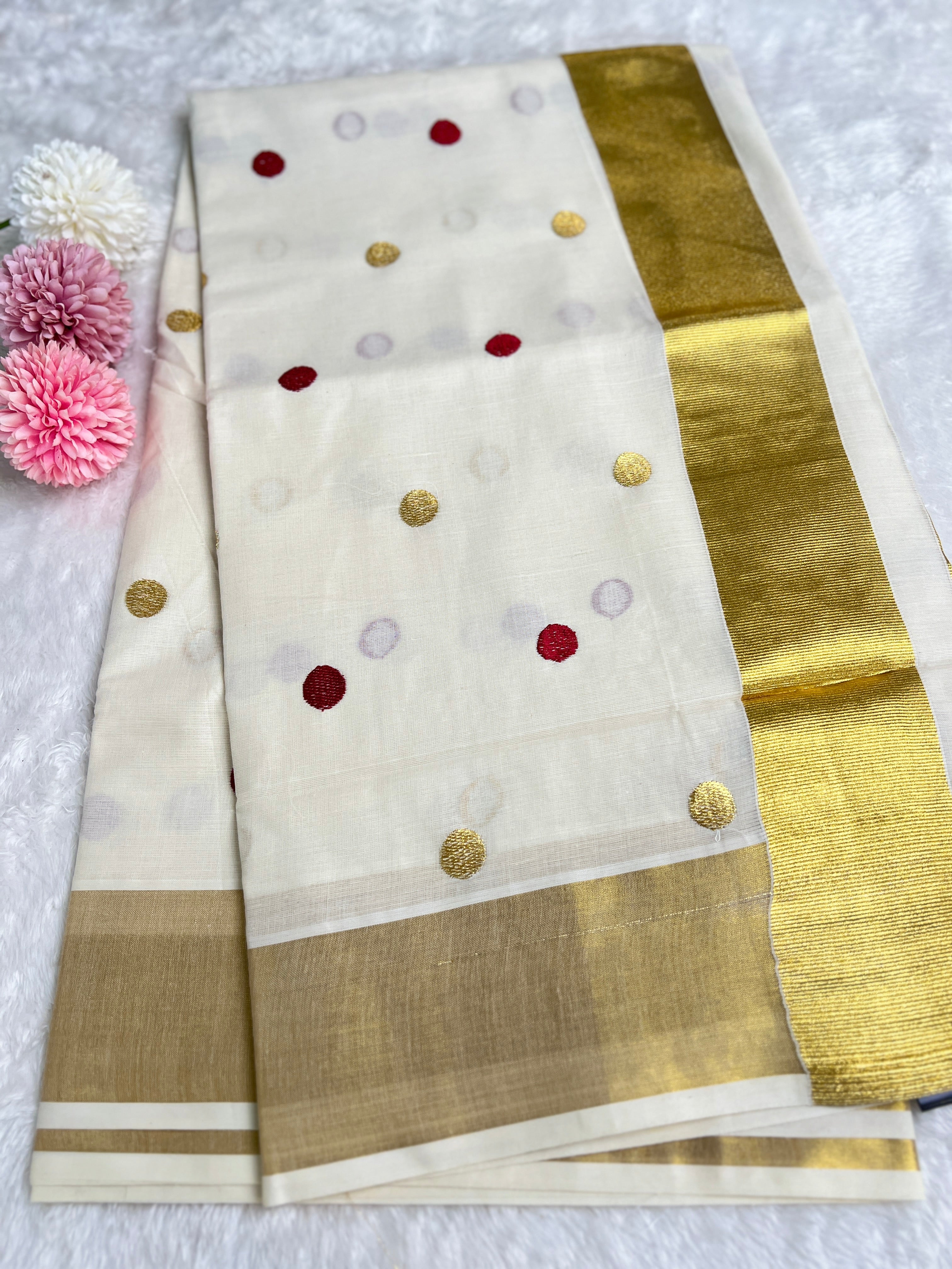 Polka Dots Pattern Kerala Cotton Saree | GAT417