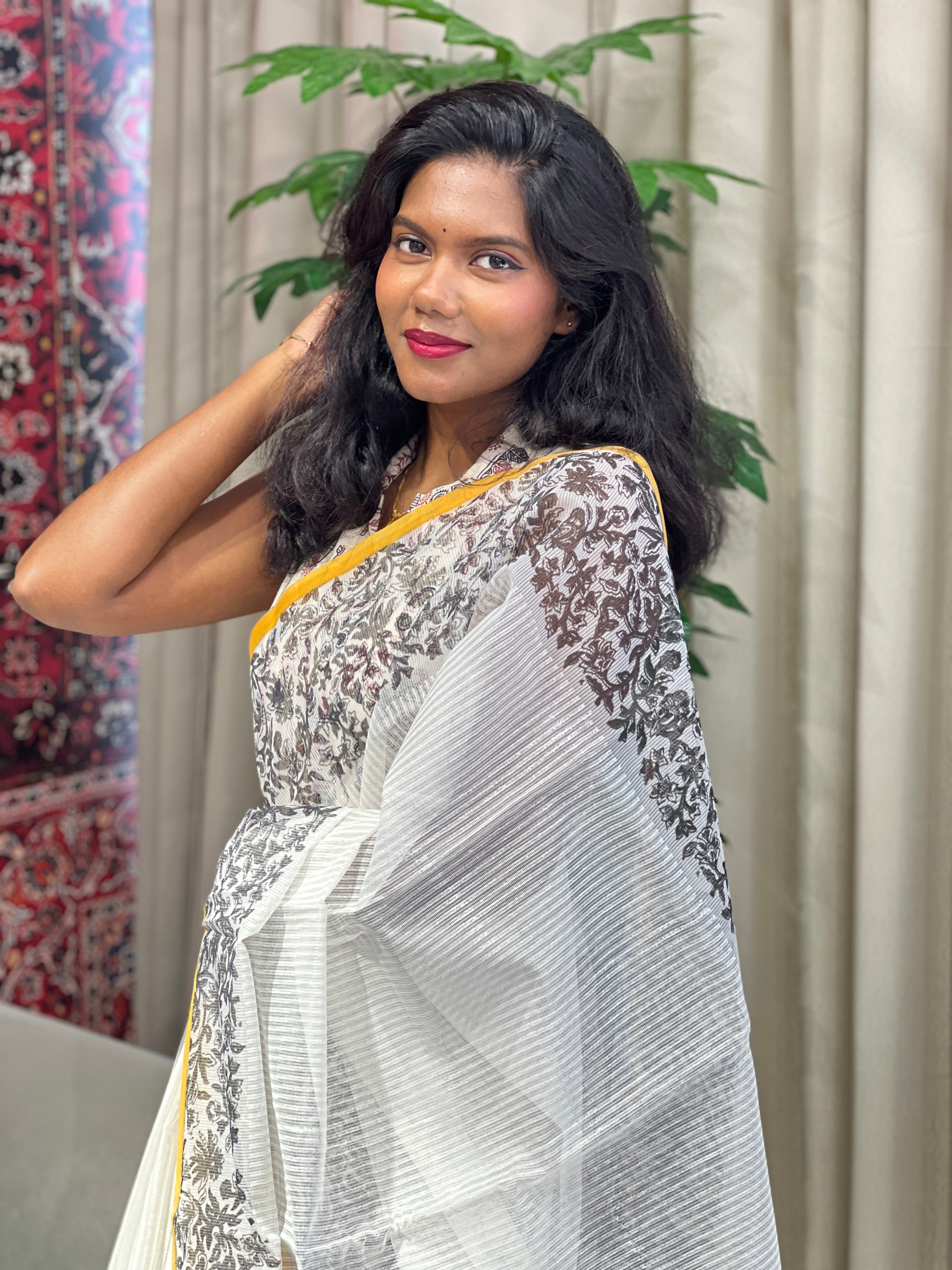 Hand Block Printed Muga Check Organza Saree | JSC427