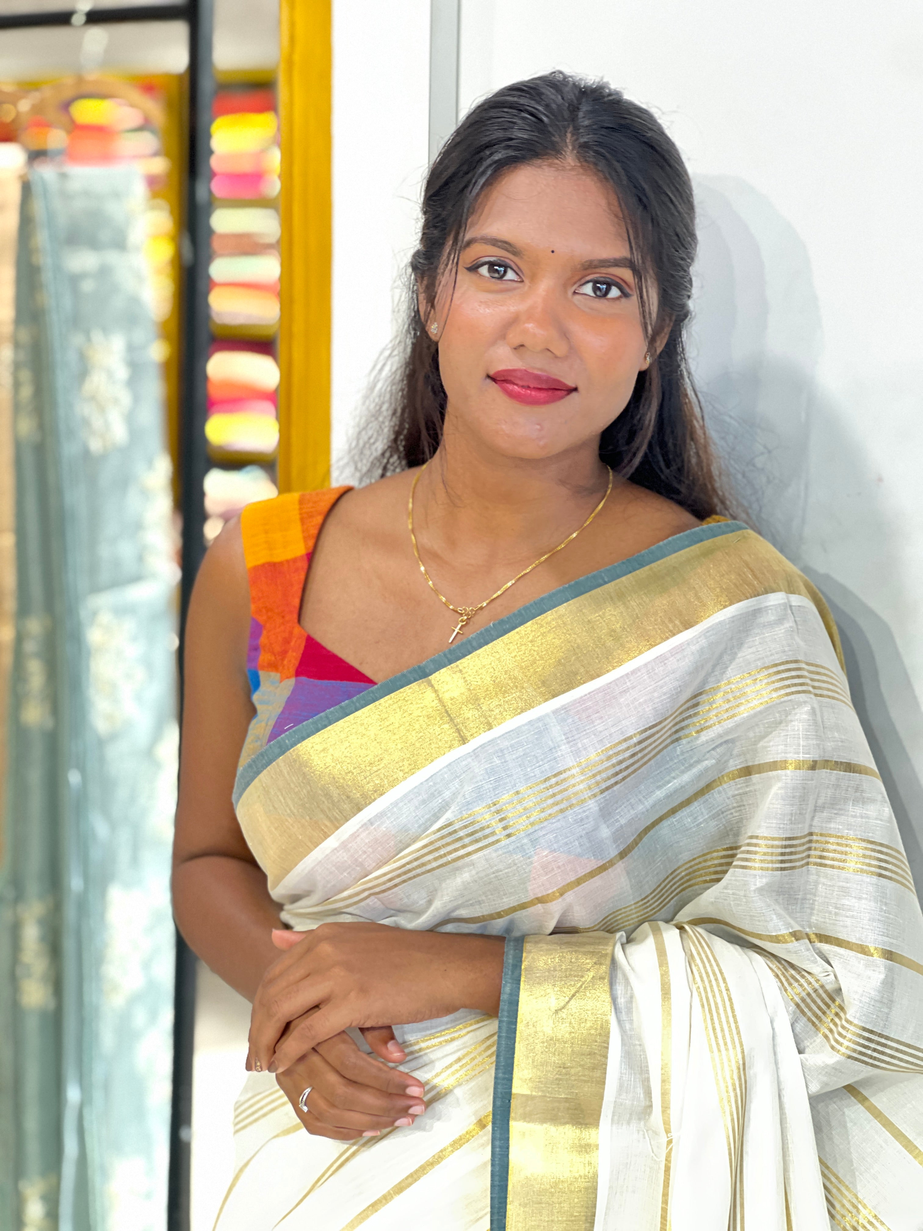 Golden Kasavu Border Pattern Kerala Cotton Saree | GAT604